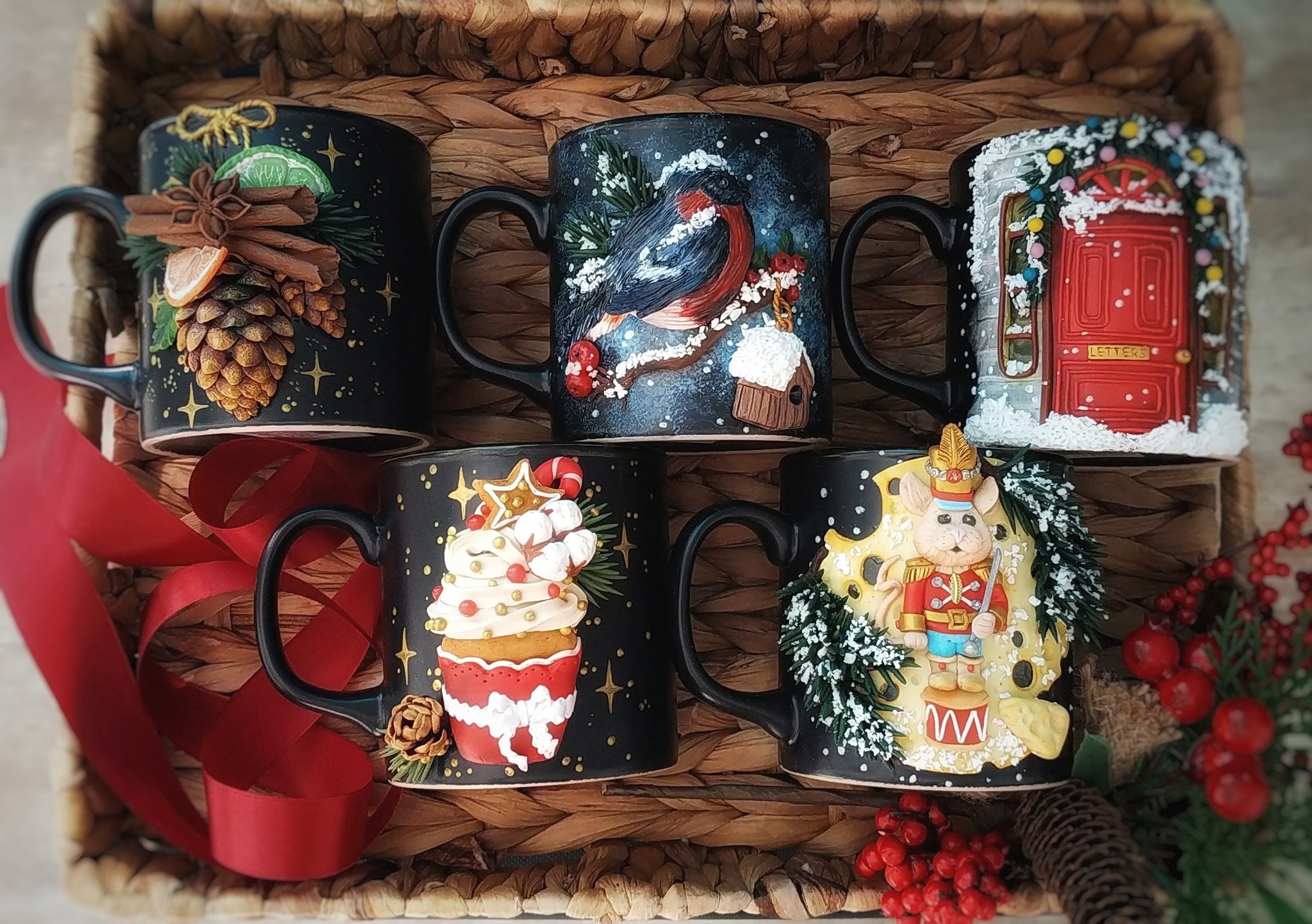 New Year's mugs) - My, Needlework without process, Polymer clay, Лепка, Longpost