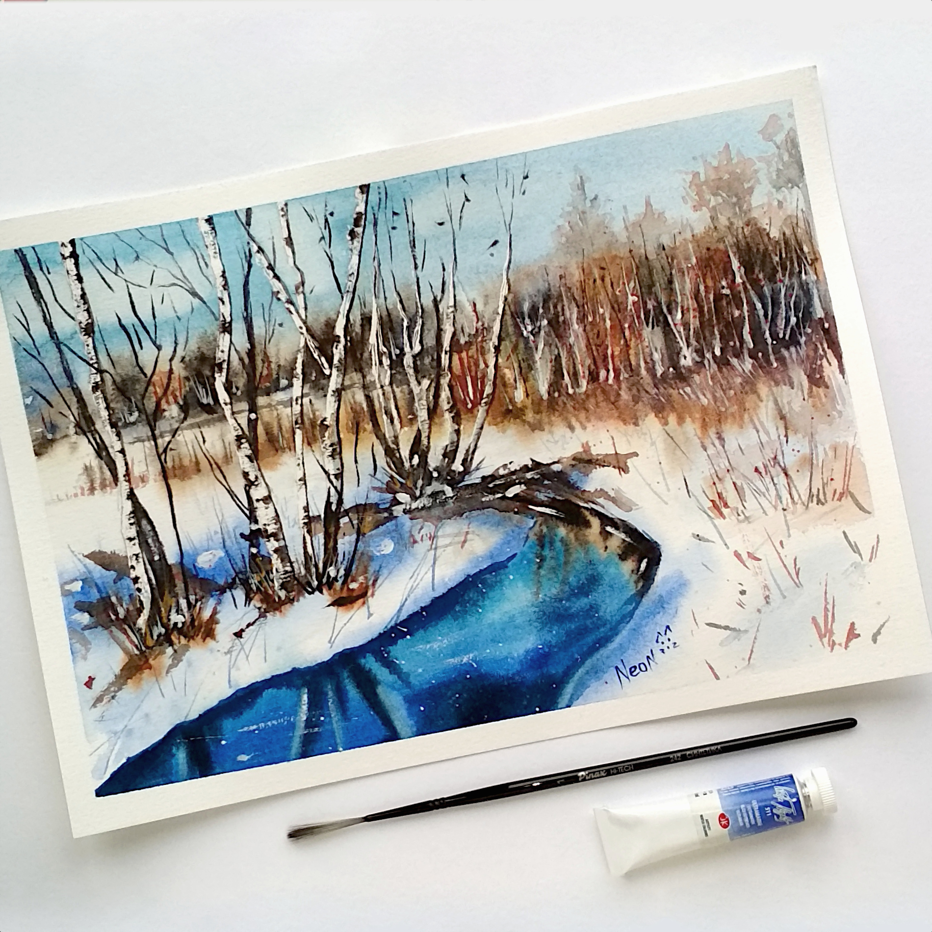 Thaw. Watercolor - My, Watercolor, Painting, Landscape, Winter, Forest, Artist, Learning to draw