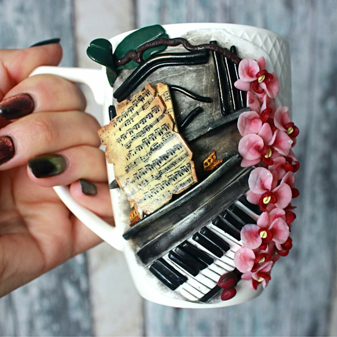 Music clubs) - My, Needlework without process, Лепка, Sculpture, Polymer clay, Cernitclay, Mug with decor, Longpost