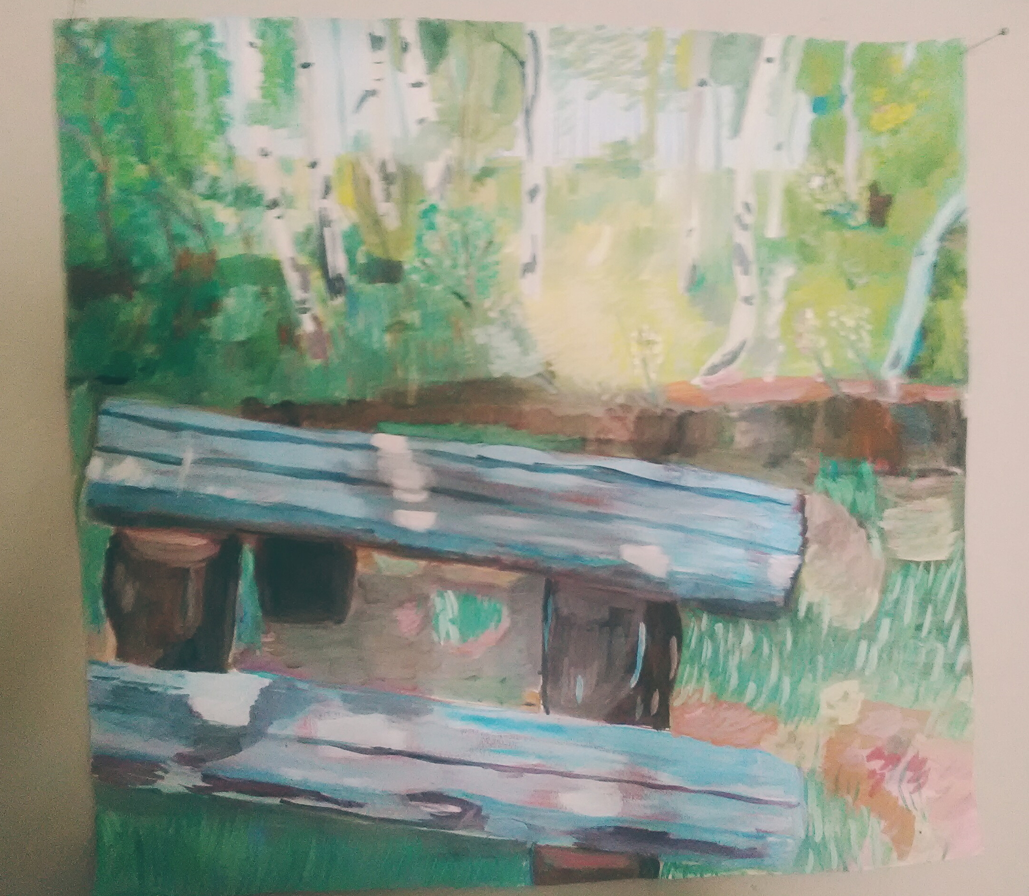 Bench in the forest (paper, gouache) - My, Art, Drawing, Paper, Gouache