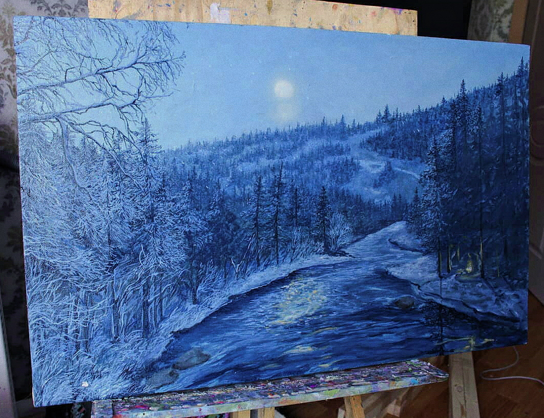 Winter night - My, Oil painting, Winter, Creation