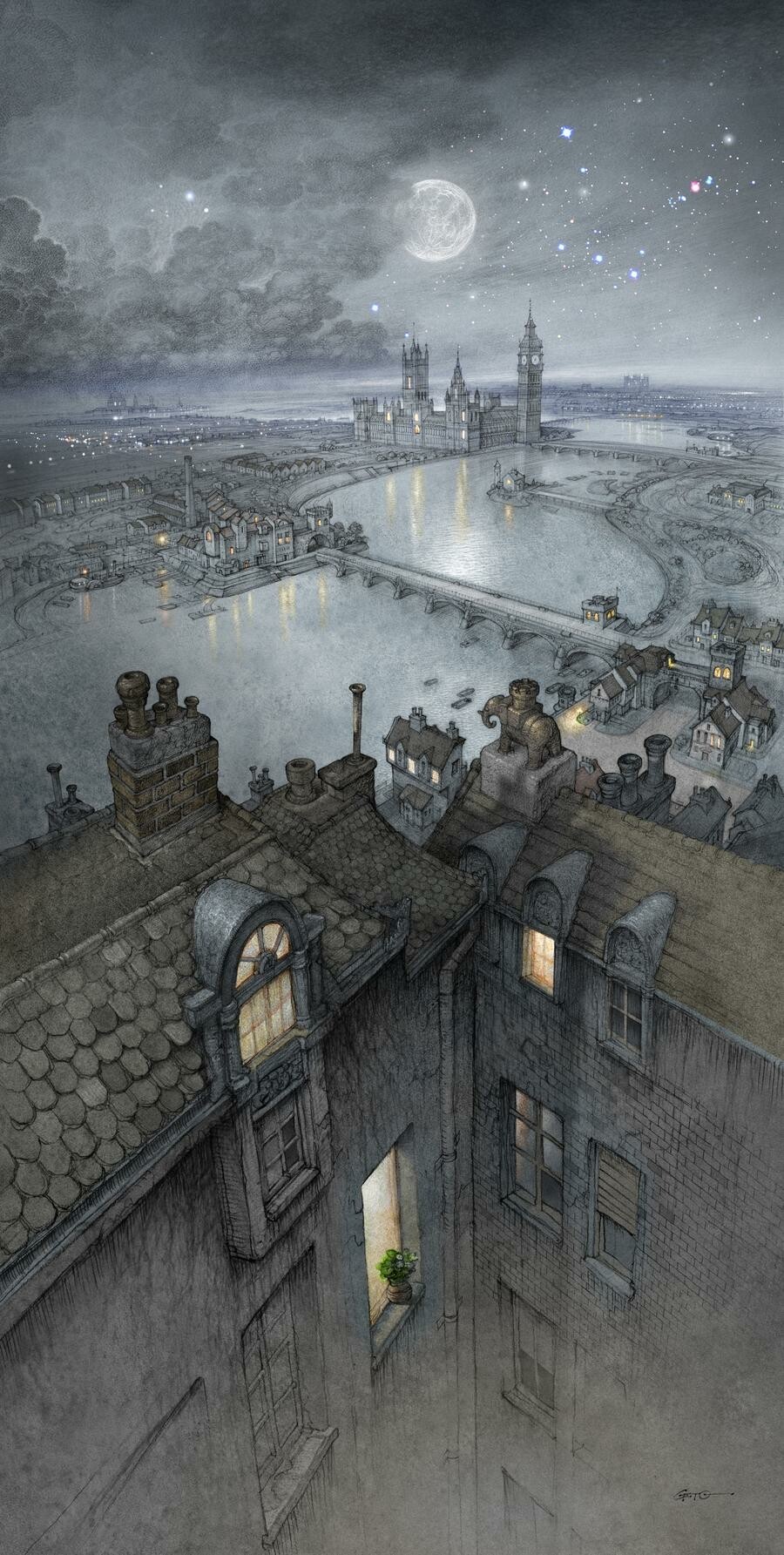 London - Art, Drawing, London, Night, Fantasy