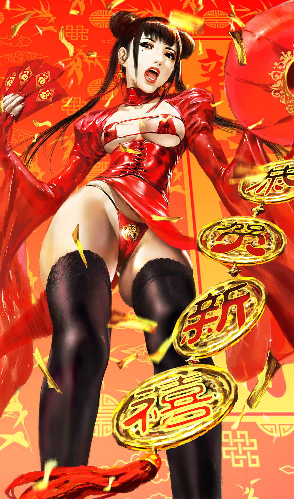 celebration - NSFW, Art, Girls, Erotic, Chinese New Year, Wu Shuang, Longpost, Underwear