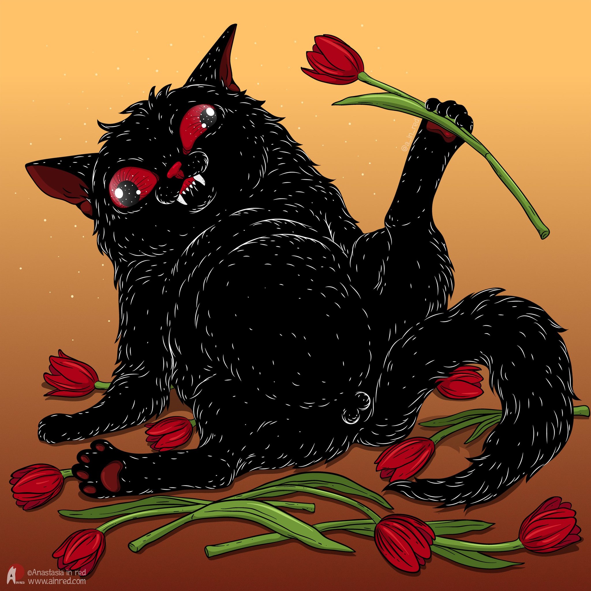 Devil's kitty - cat, Art, Softheaded, Black cat, Flowers, Sphinx, Longpost