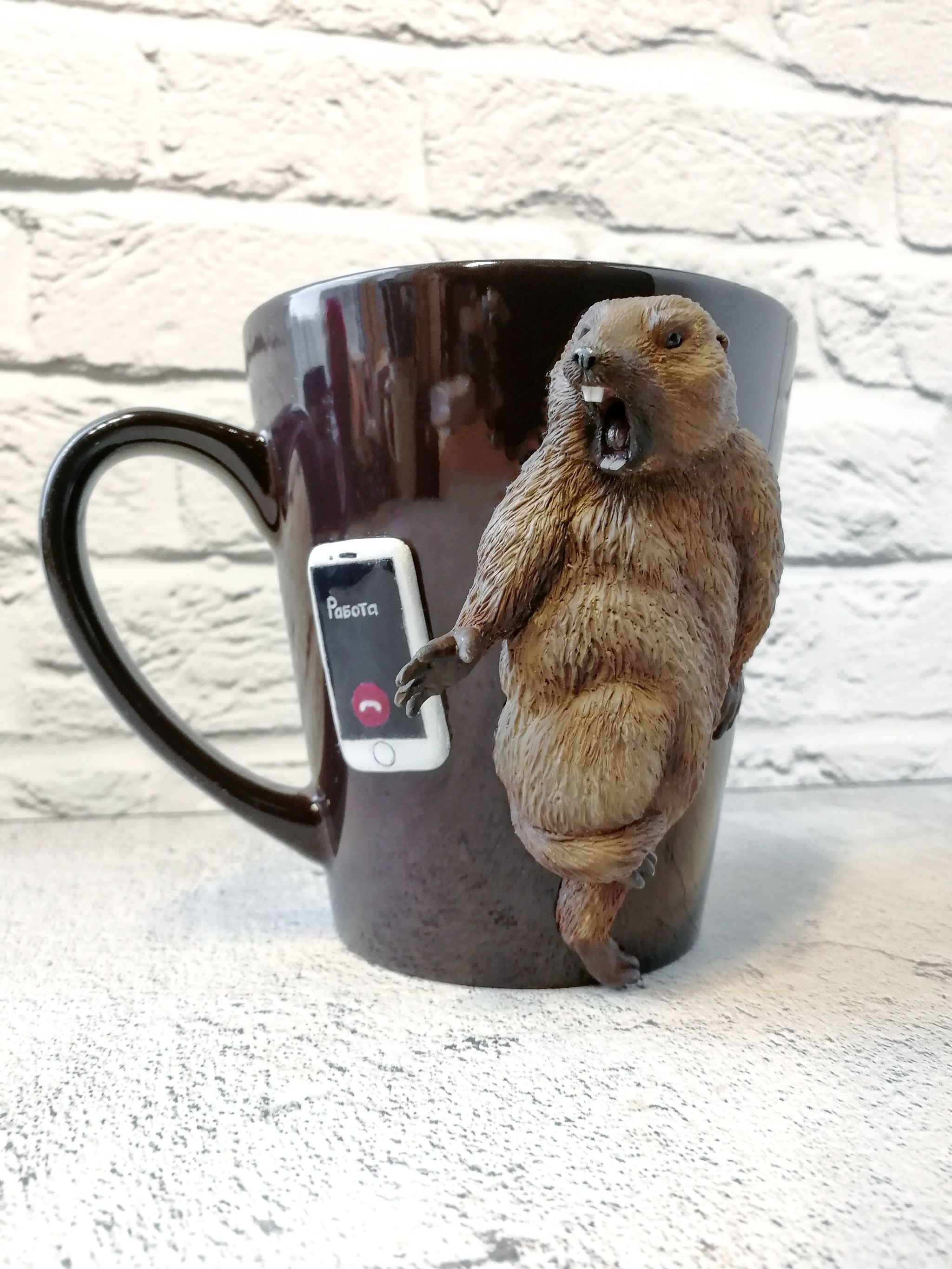 No work! - My, Polymer clay, Mug with decor, Marmot, Longpost, March 8 - International Women's Day