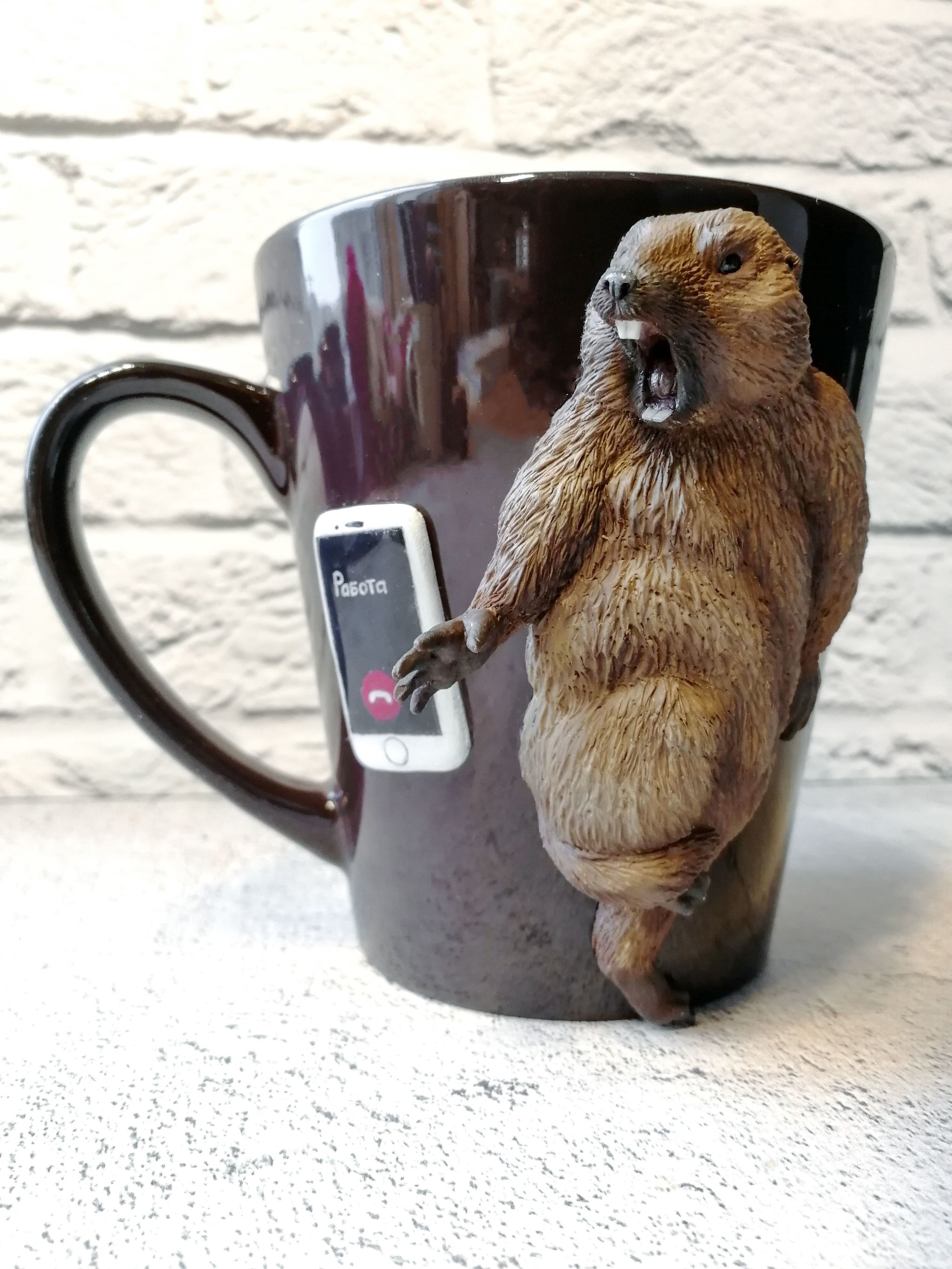 No work! - My, Polymer clay, Mug with decor, Marmot, Longpost, March 8 - International Women's Day