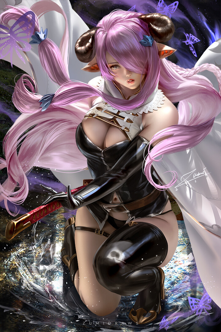 Narmaya - NSFW, Арт, Anime Art, Narmaya, Granblue Fantasy, Рога, Девушки, Zumidraws, Панцу