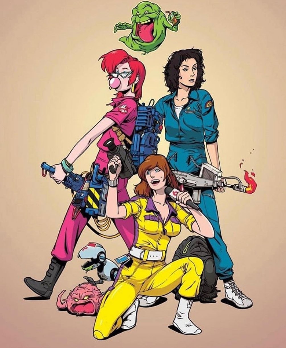 The crossover we deserve! - April O'Neill, Ellen Ripley, Ghostbusters, Teenage Mutant Ninja Turtles, Stranger, Crossover, Art