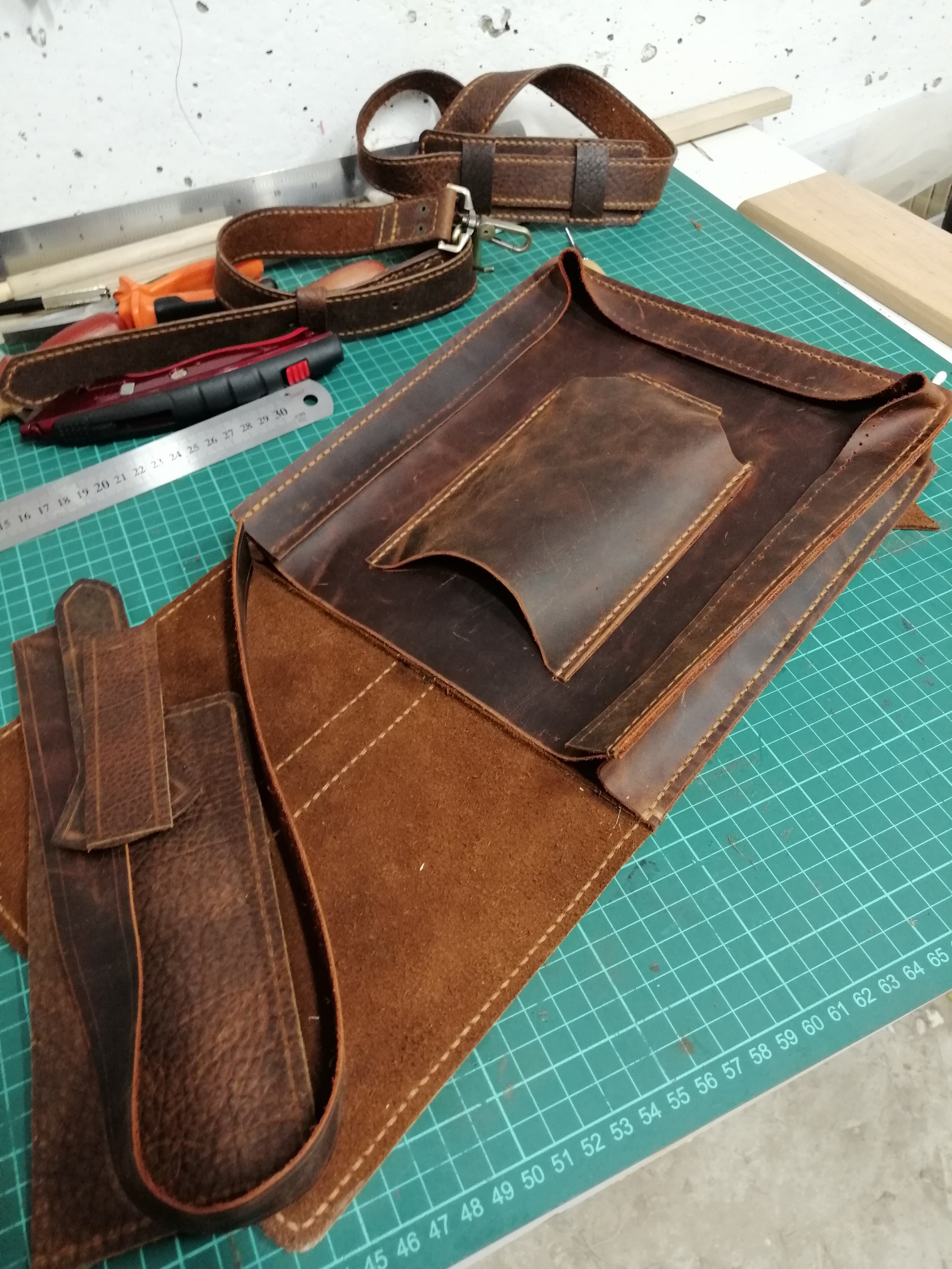 Men's bag, handmade, bison leather, crazy horse leather inserts - My, Handmade, Natural leather, Сумка, Longpost, Needlework with process