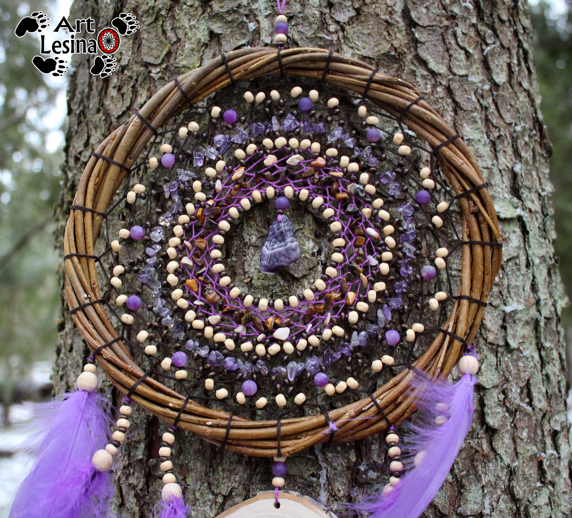 Dream catcher with pebbles and larch cut - My, Dreamcatcher, Needlework without process, Needlework, Amulet, Natural stones, Longpost