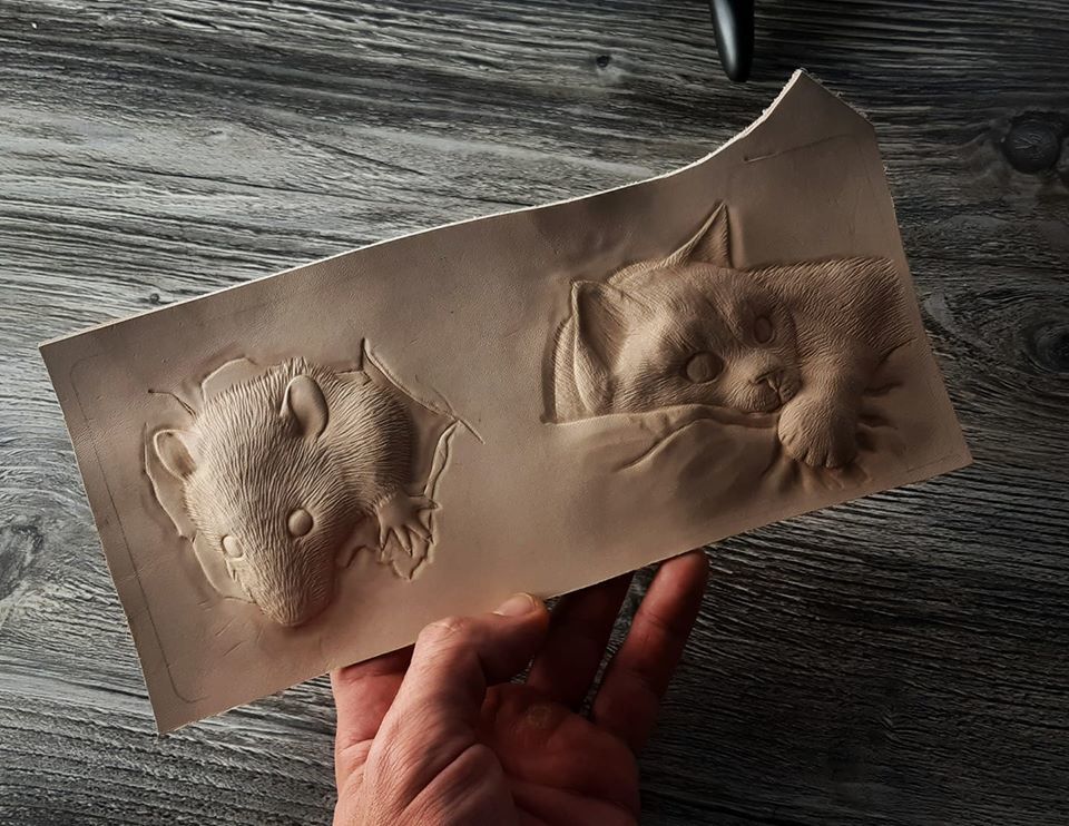 Leather wallet with Cat and Mouse embossing - My, Embossing on leather, Wallet, cat, Longpost, Needlework with process, Carving