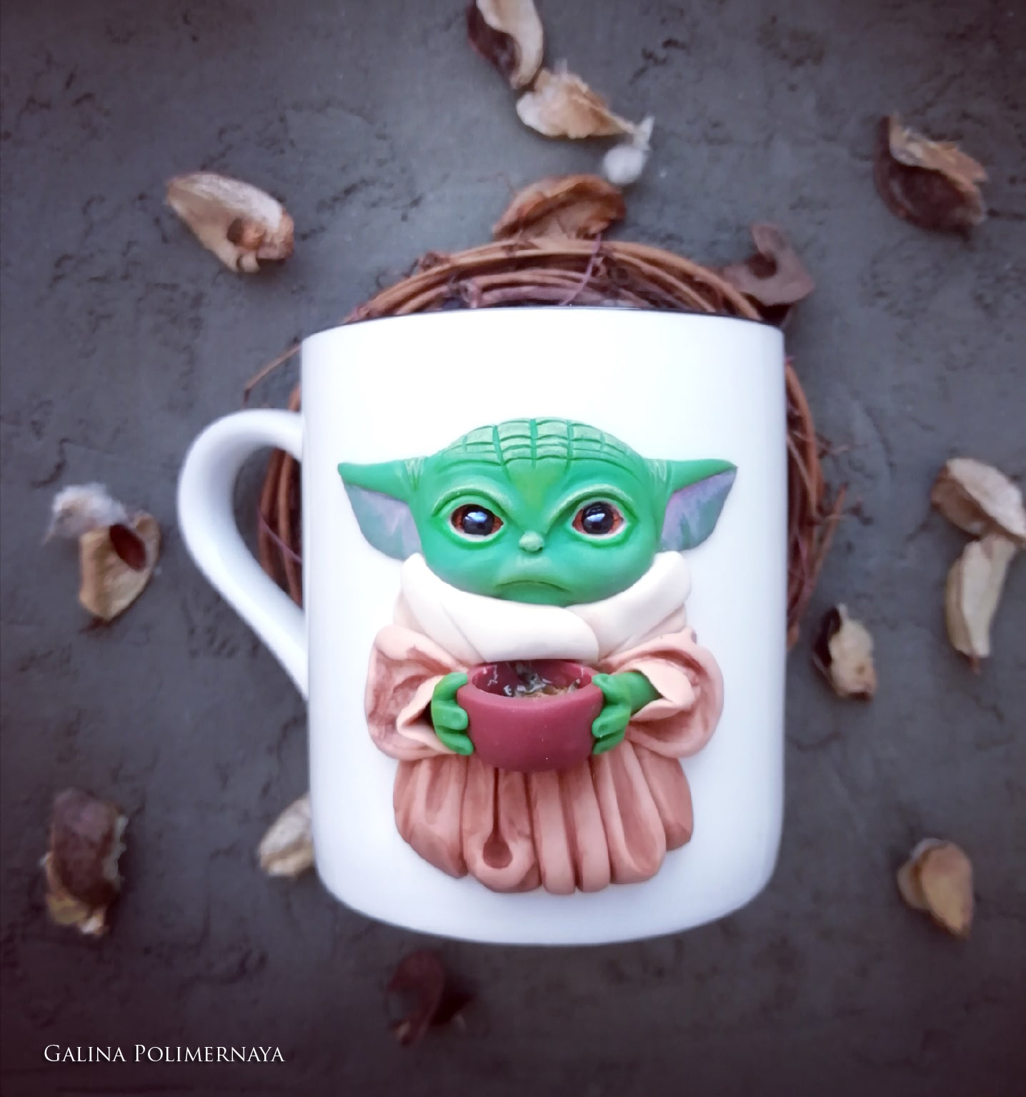 Baby Yoda on a mug - My, Mandalorian, Кружки, Needlework without process, Handmade, Polymer clay, Лепка, Longpost, Grogu, Mug with decor