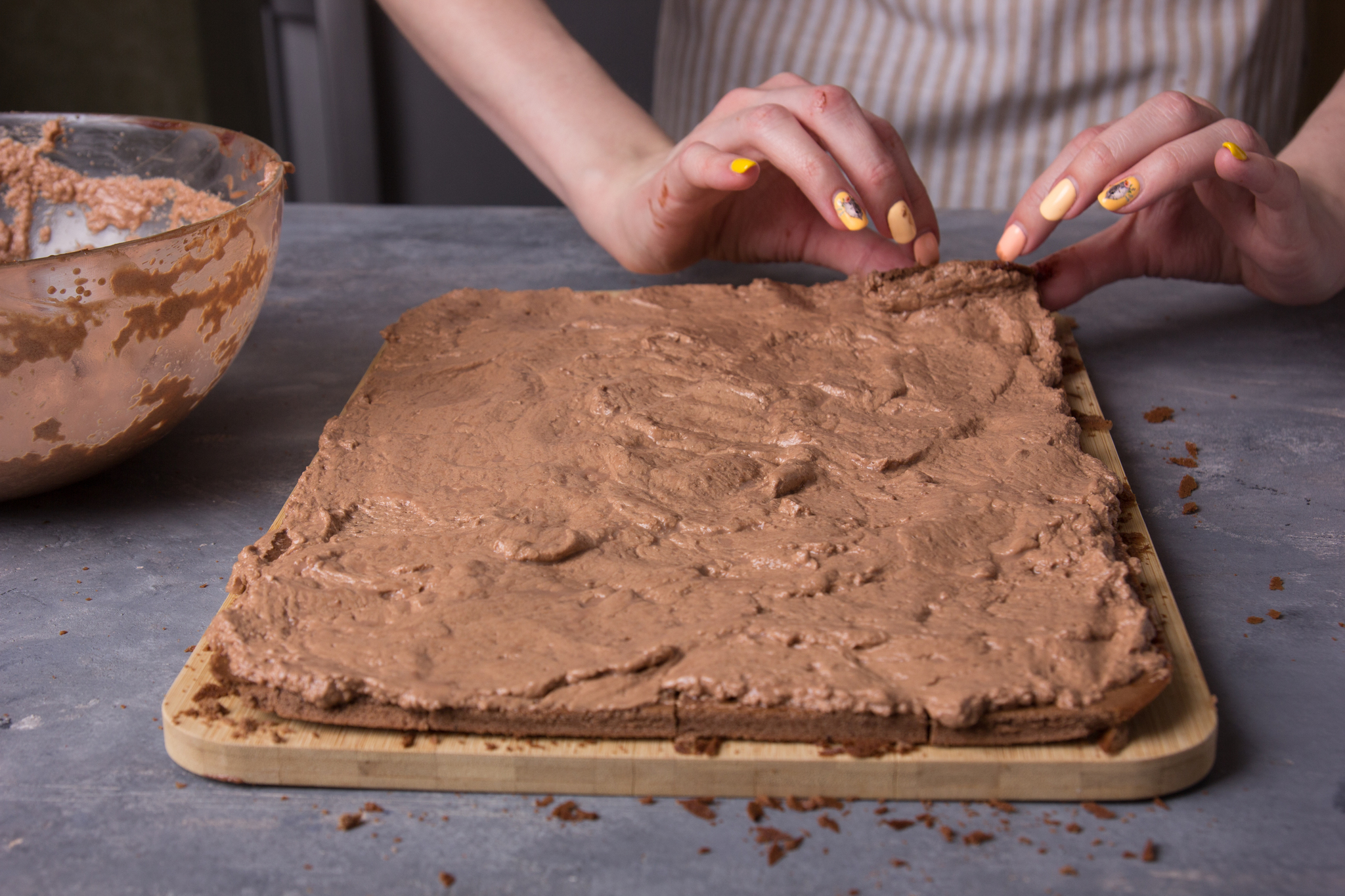 Buche de Noel cake - My, Recipe, Chocolate cake, Process, Strawberry (plant), Sweets, Longpost