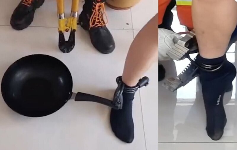 After arguing with her husband, his wife chained him by the leg to a frying pan. - China, Family, Pan, Punishment, Video, Longpost