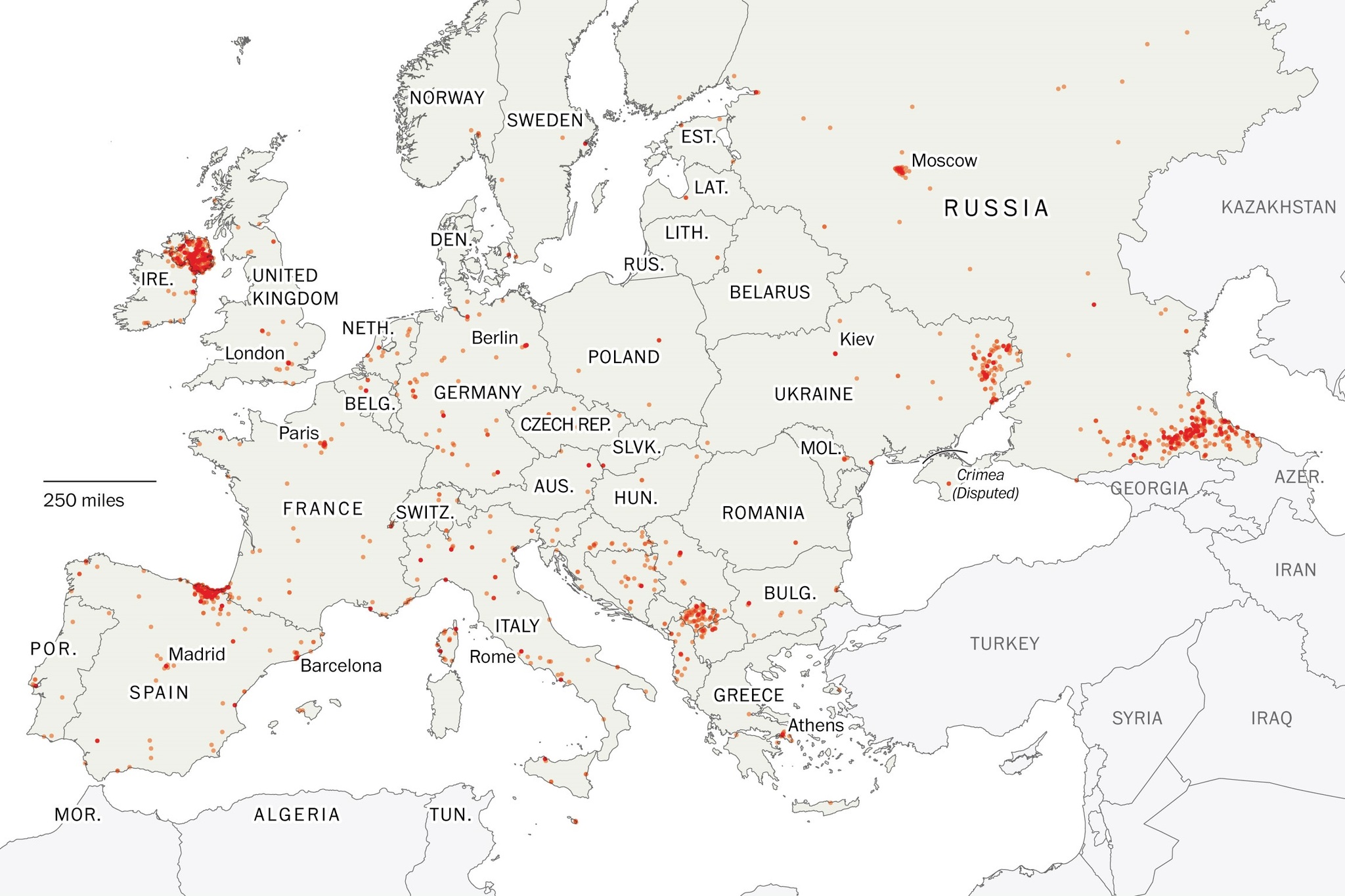 Карта терактов в Европе c 1970 по 2015 - Карты, Терроризм