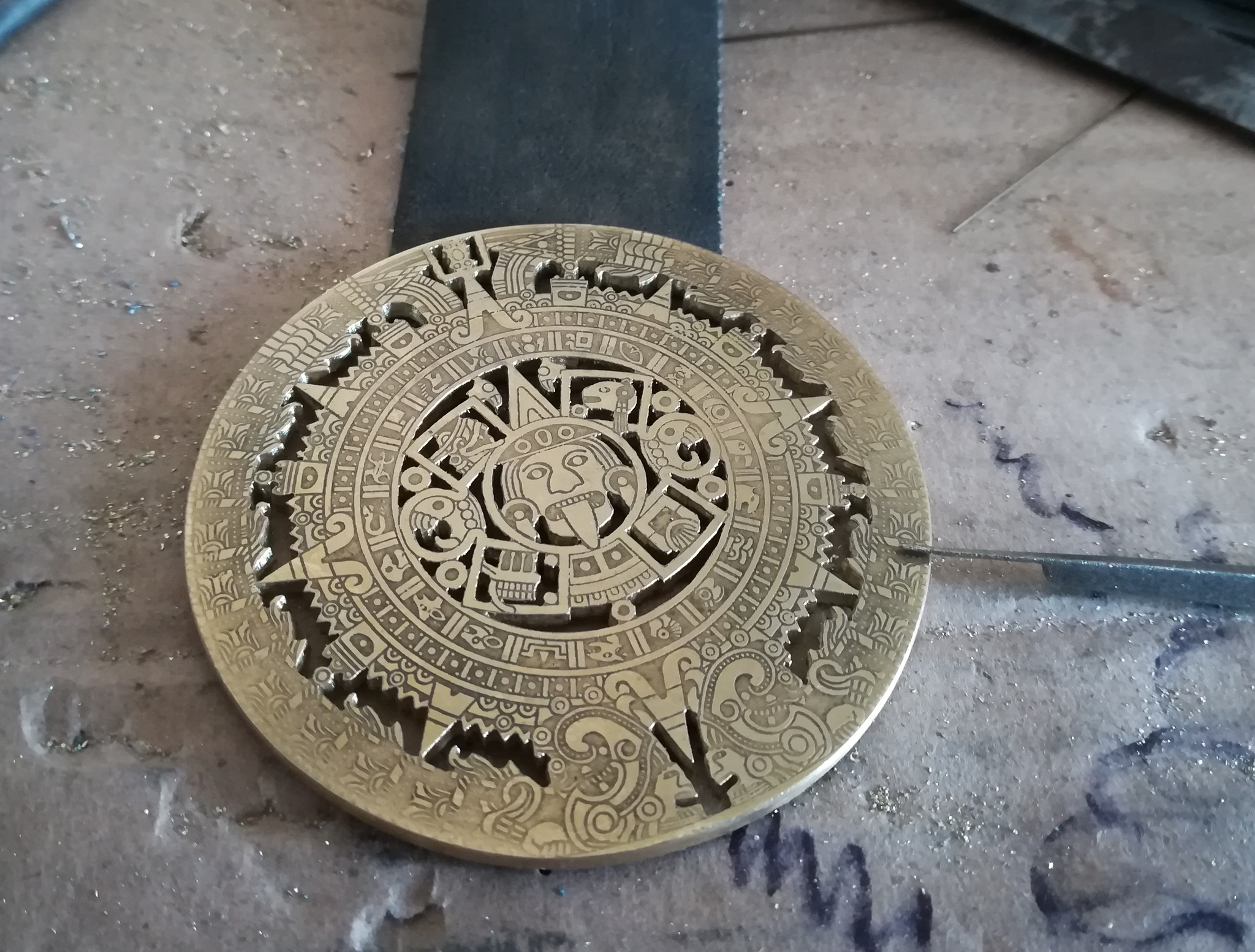 Buckle Piedra del Sol - My, Buckle, Brass, Needlework, Etching, Aztecs, Longpost, Needlework with process