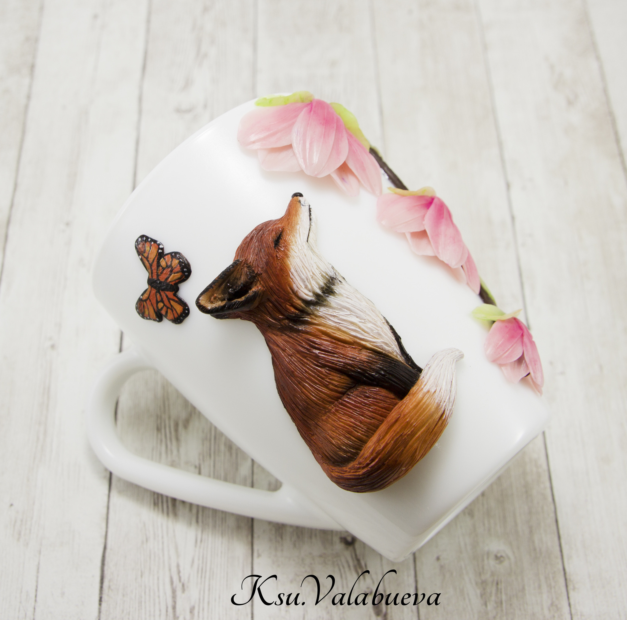 Fox and Magnolia - My, Polymer clay, Fox, Magnolia, Mug with decor, Кружки, Needlework without process, Needlework, Video, Longpost