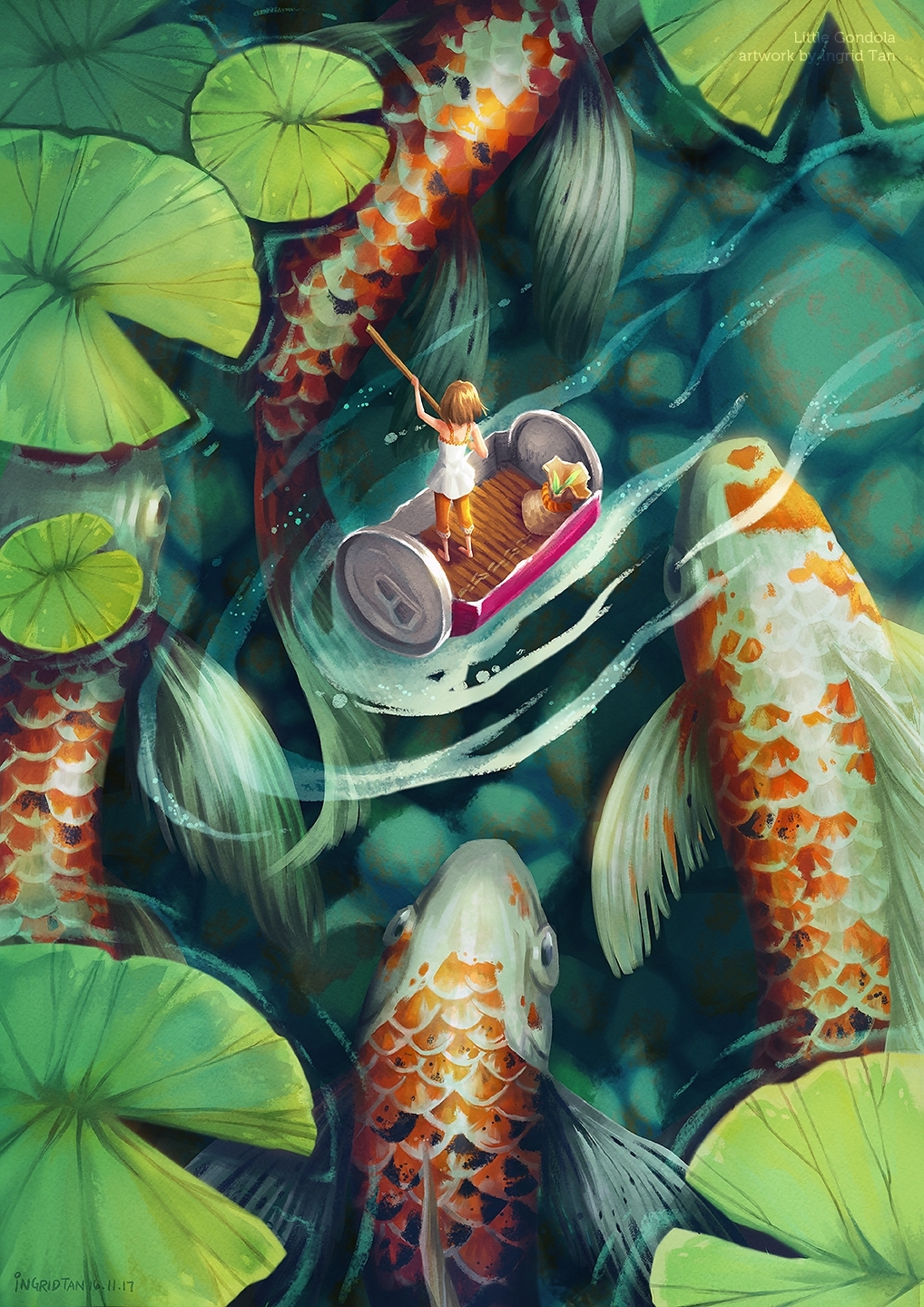 Small gondola - Drawing, Lilliputka, Water, Art, Koi carps, Ingrid Tan