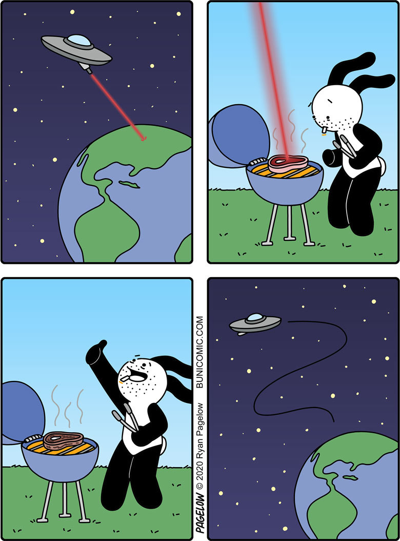 Roasting a steak from orbit - Buni, Pagelow, UFO, Steak, Buni Dad, Land, Comics