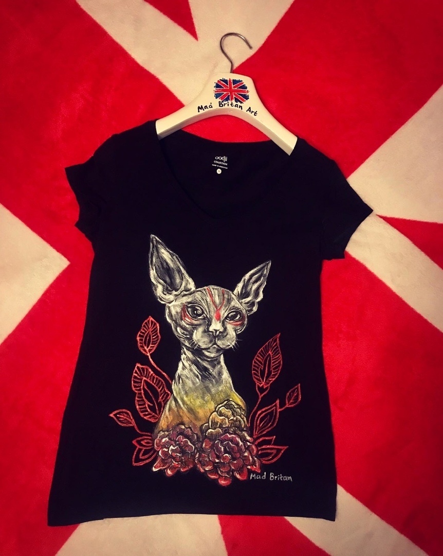 In fact, I like fluffy cats more:) Sphinx - custom T-shirt - My, Painting on fabric, T-shirt, Sphinx, cat, Drawing, Longpost