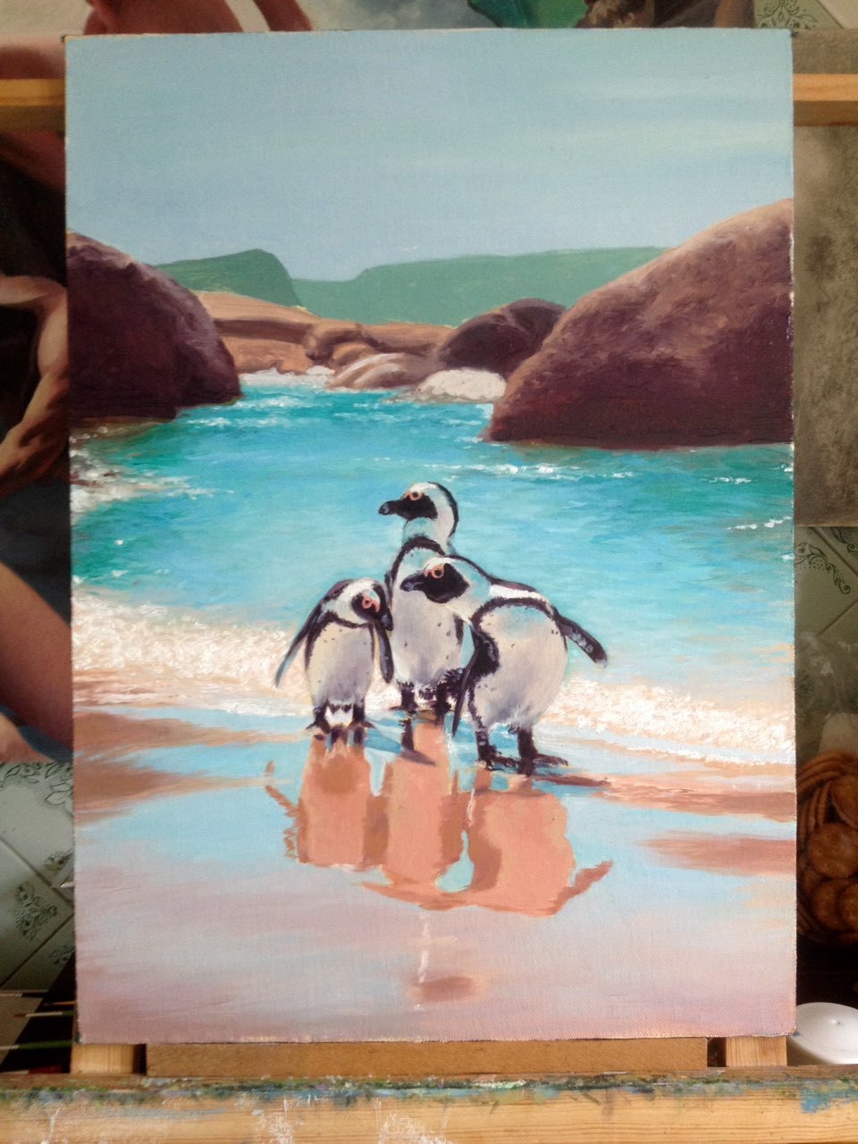 Penguins - My, Painting, Oil paints, Canvas, Sea, Penguins, Animalistics