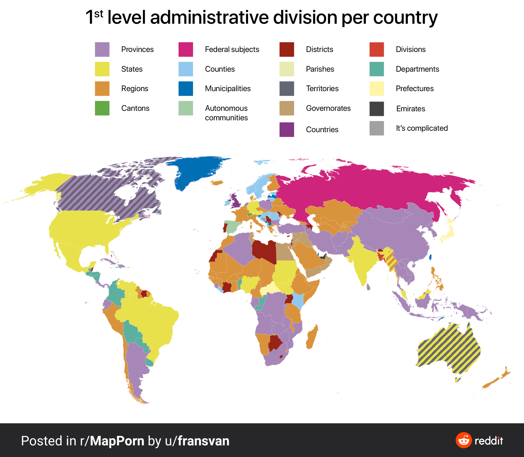 First level administrative units in different countries - Cards, Interesting, World map, Geography, Facts, Reddit