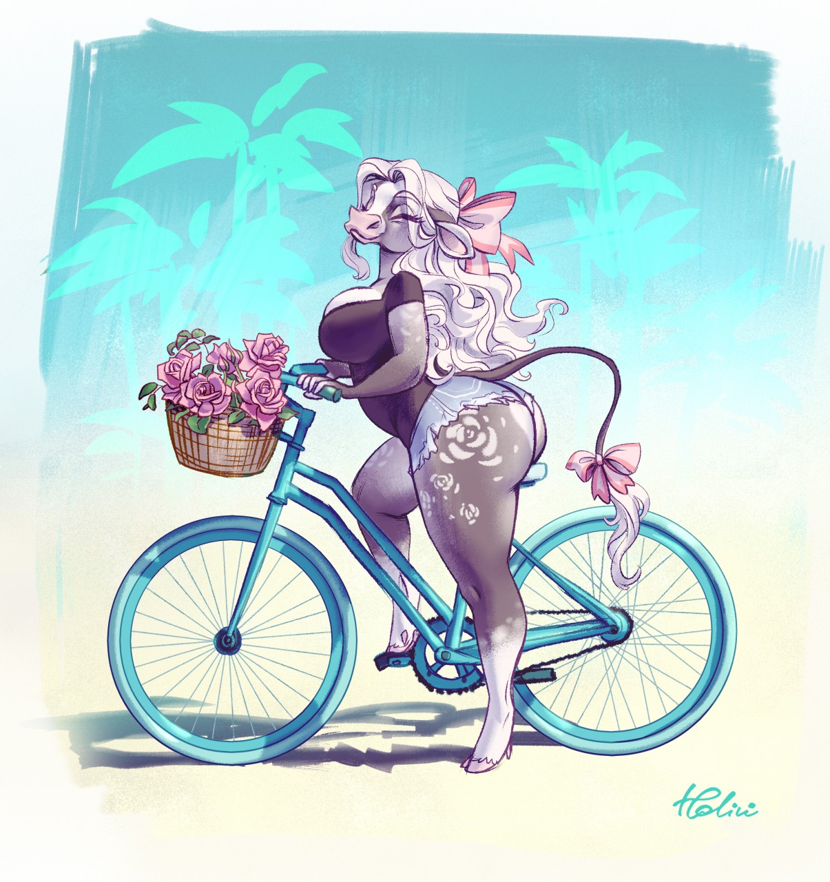 Adelina - NSFW, Furry, Art, Furry edge, Cow, Holivi, Flowers, A bike