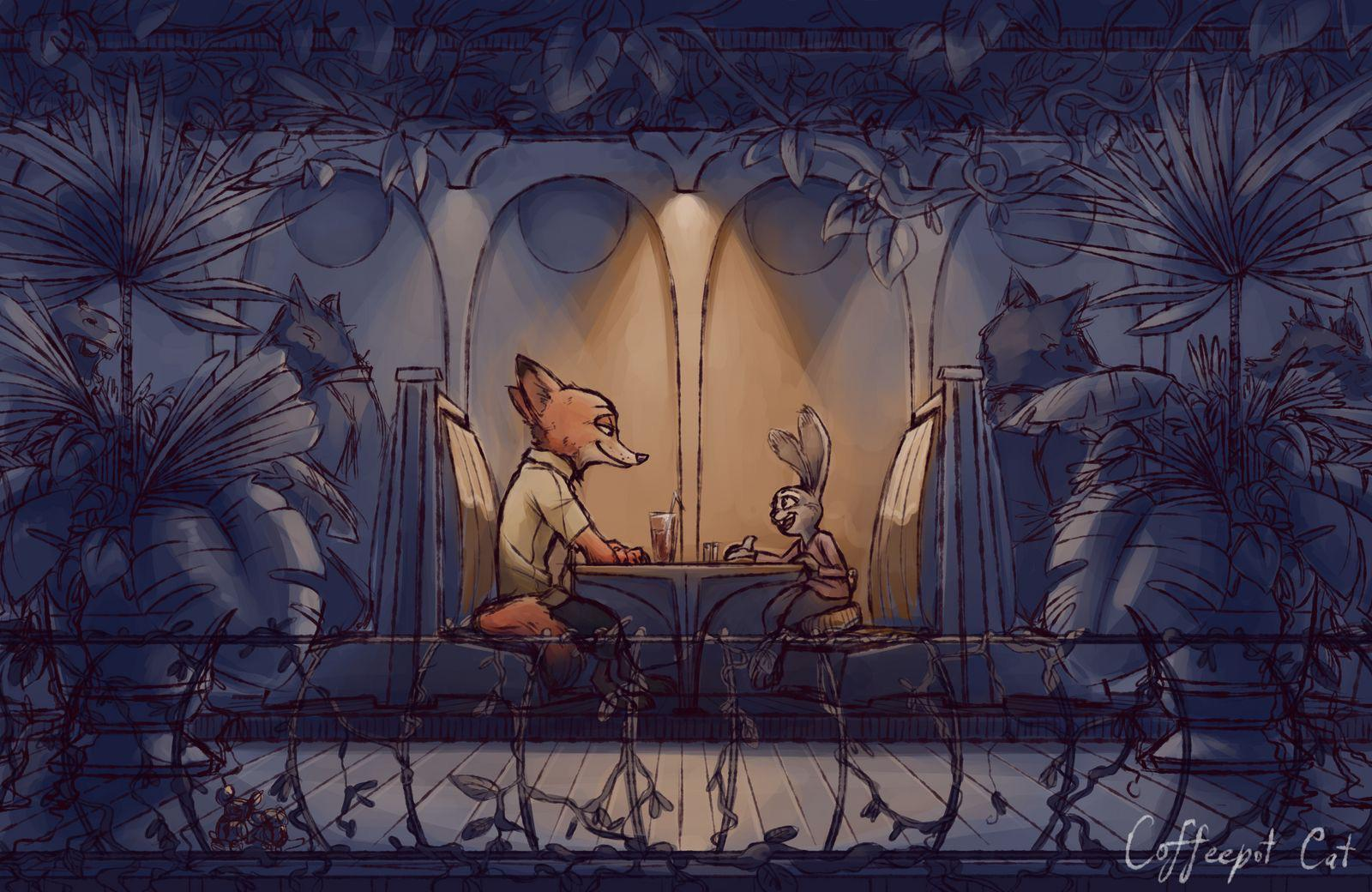 Dinner at the restaurant - Zootopia, A restaurant, Nick wilde, Judy hopps