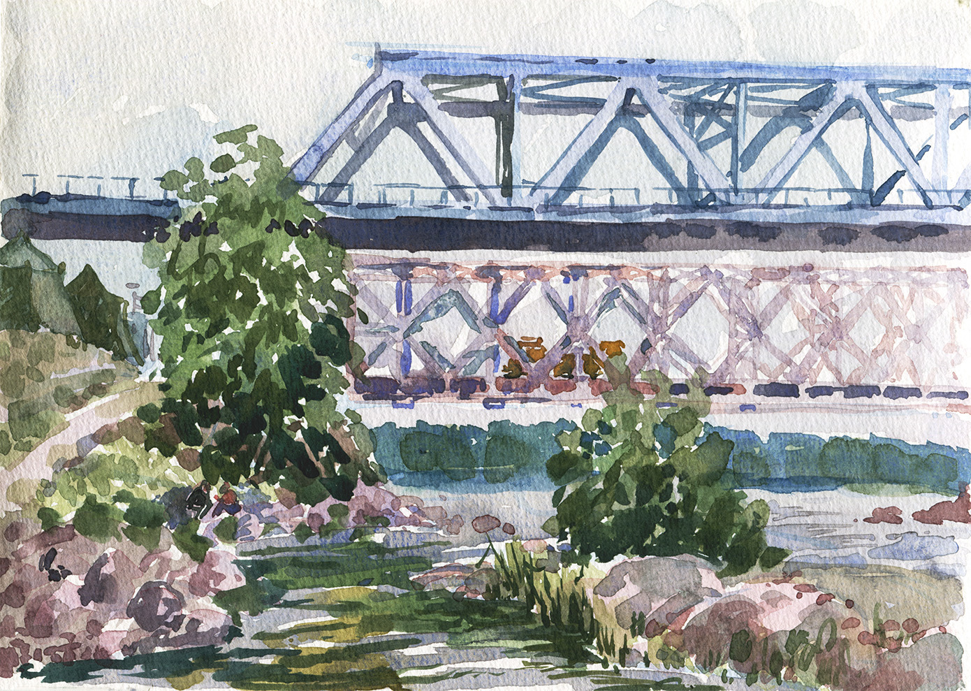 Railway bridge in Losevo - My, Plein air, Watercolor, Landscape, Vuoksi, Railway, Summer