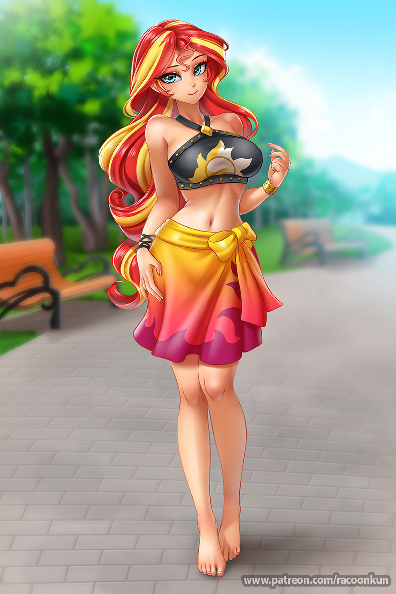 Shim in the park - NSFW, My little pony, Equestria girls, Sunset shimmer, MLP Edge, Art, Longpost, Racoonkun