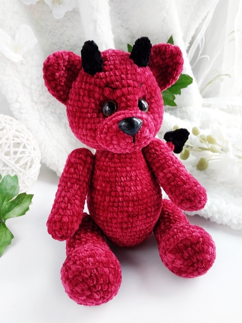 Plush Teddy Bear - My, Teddy bear, Red Devil, Knitted toys, Longpost