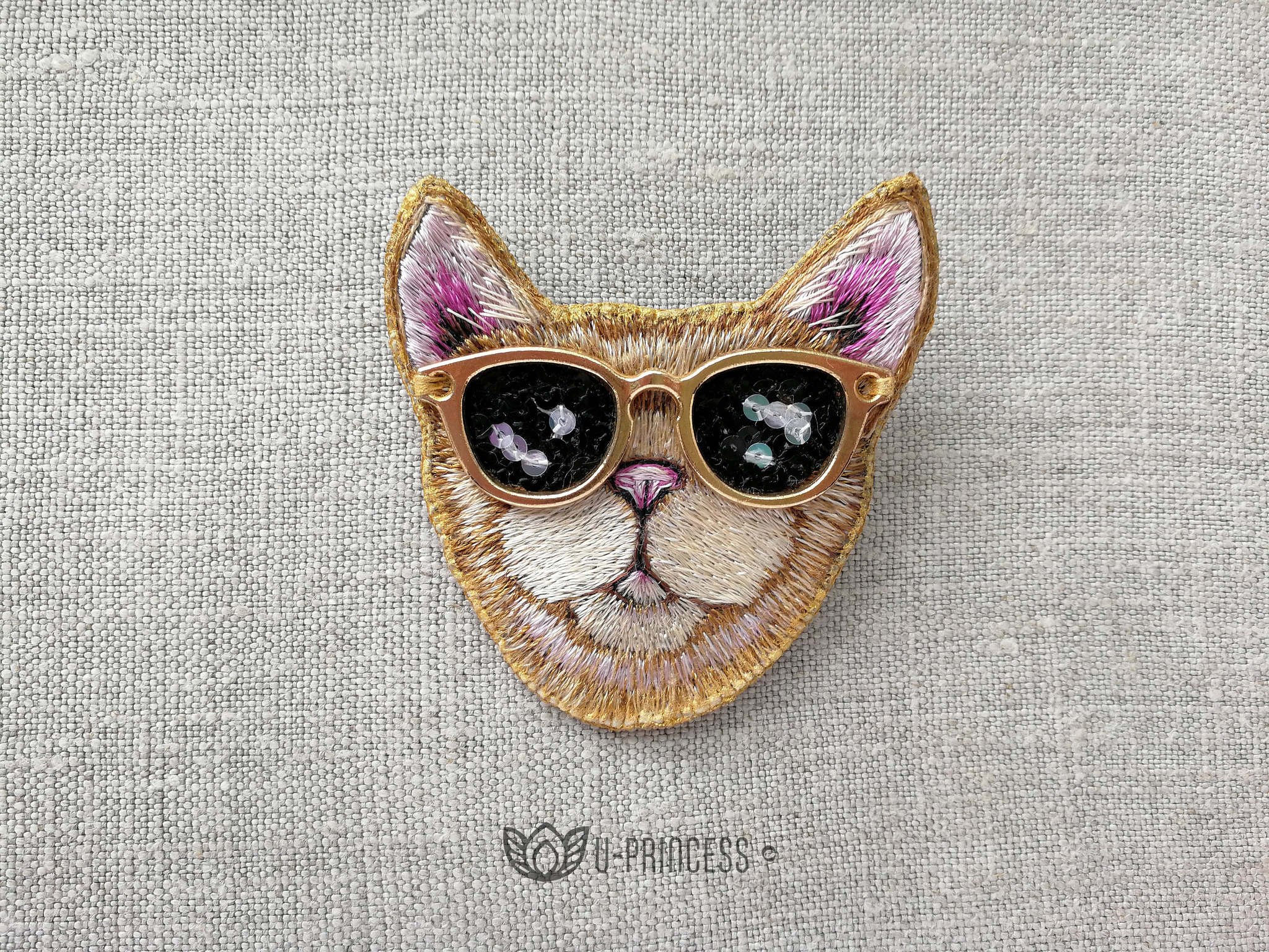 Brooch Red cat - My, Brooch, Satin stitch embroidery, Embroidery, cat, Sequins, Handmade, Needlework without process