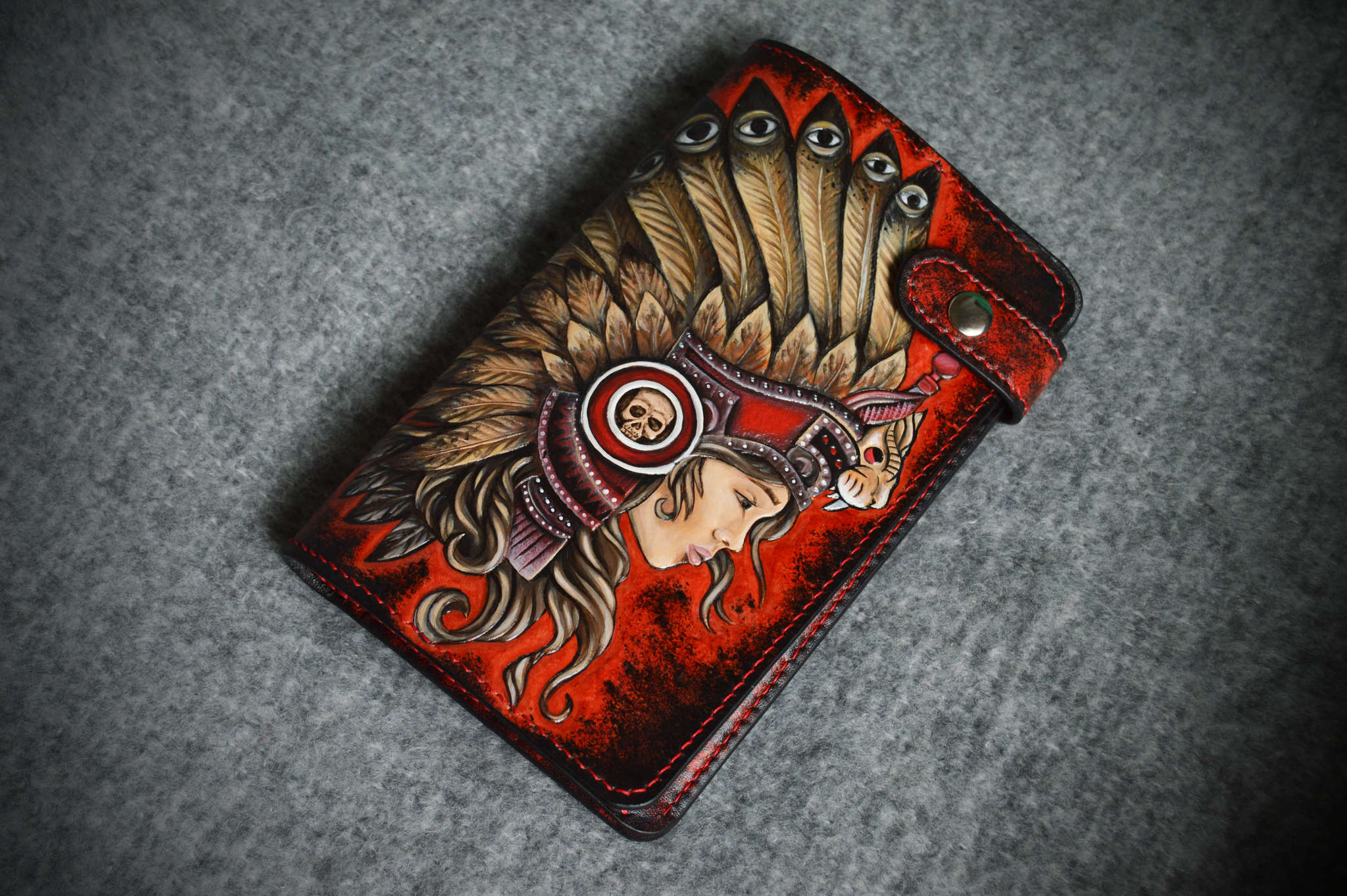 Clutch with Indian embossing - My, Indian, Feathers, Wallet, Embossing on leather, Leather, Needlework without process, Longpost