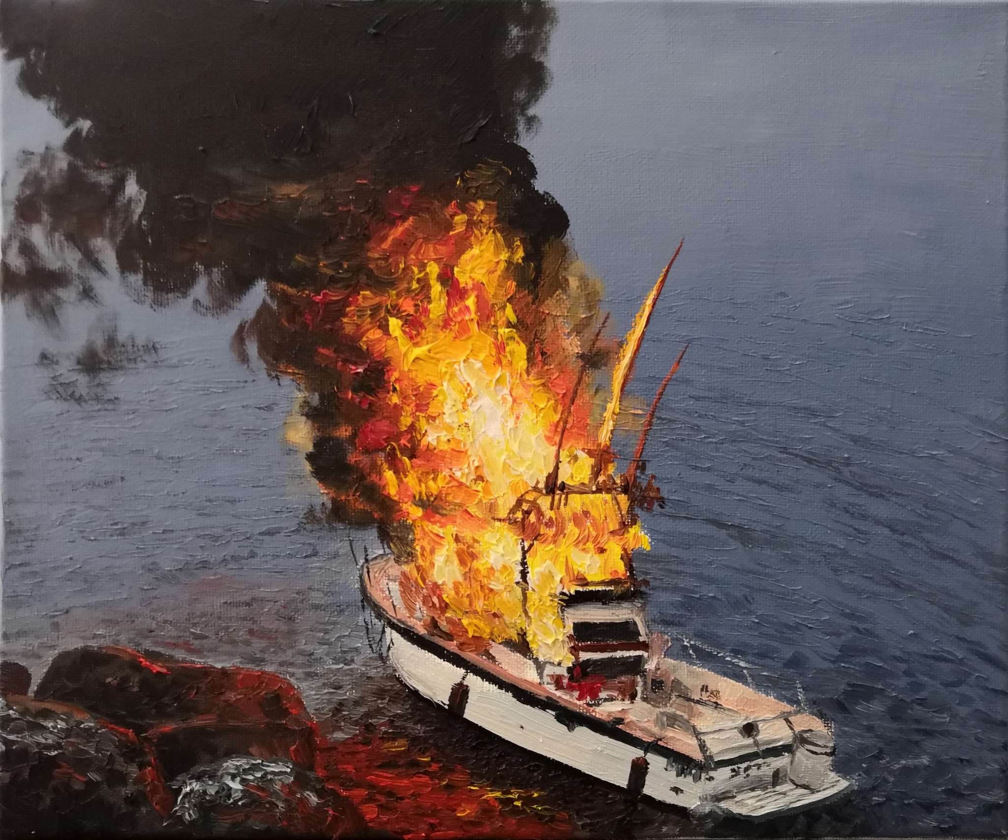 Comfort. Canvas, oil. 25x30 cm. 2020 - My, Painting, Oil painting, A boat, Fire, Fire