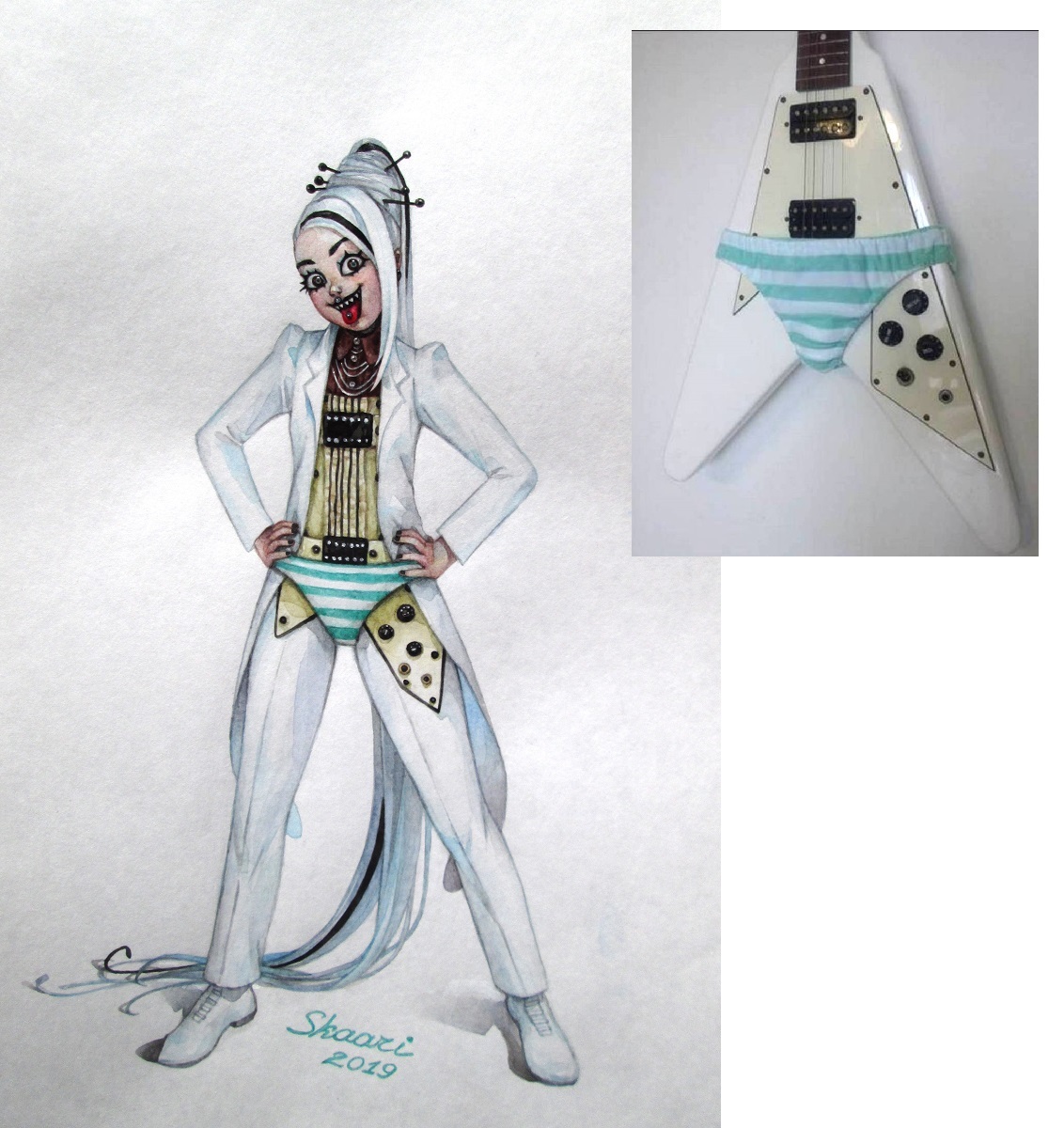 Humanization of a guitar in shorts - My, Art, Drawing, Humanization, Guitar, Pantsu, White hair, Watercolor, Underpants