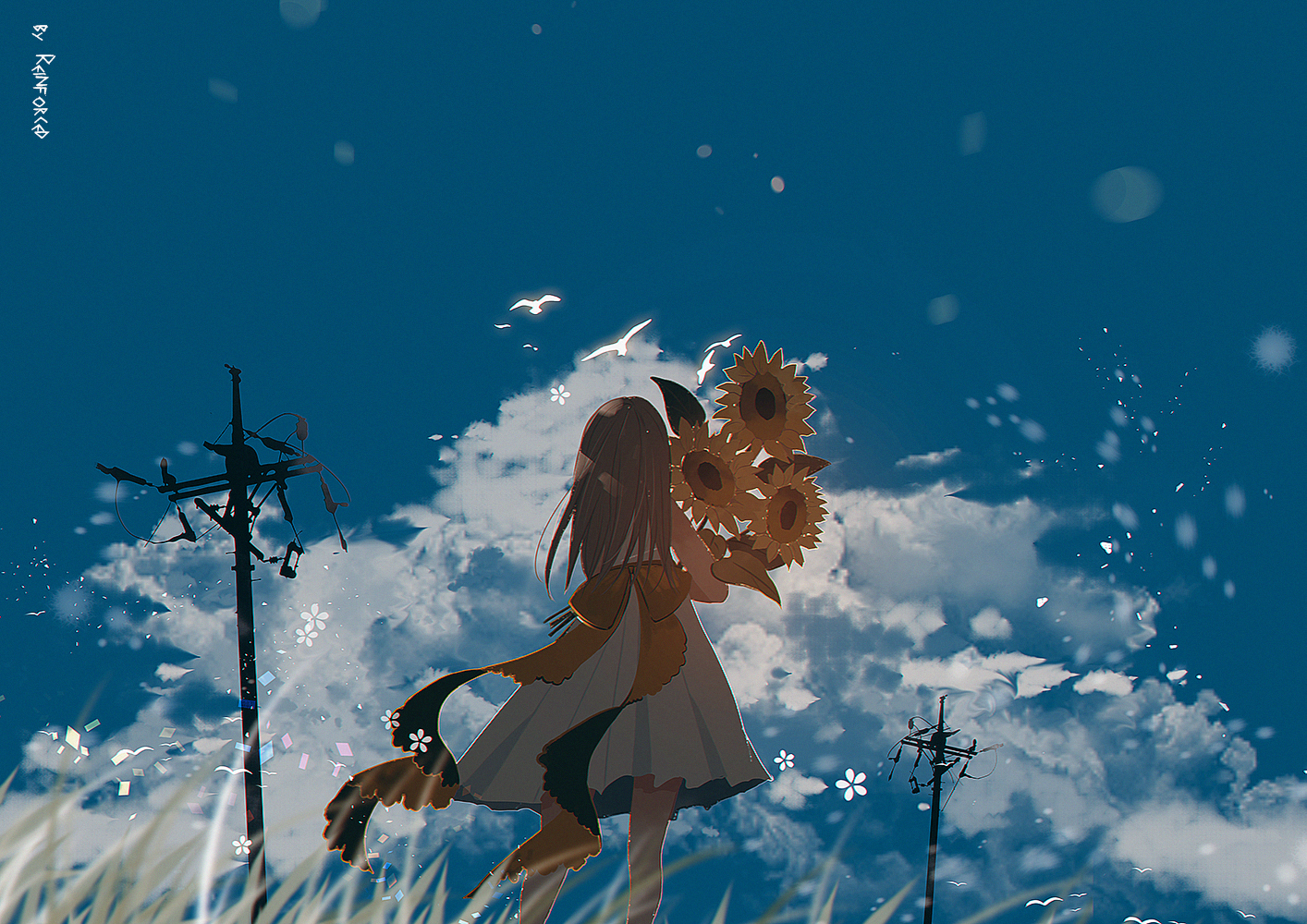 Late summer - Art, Illustrations, Clouds, Sunflower, Girl