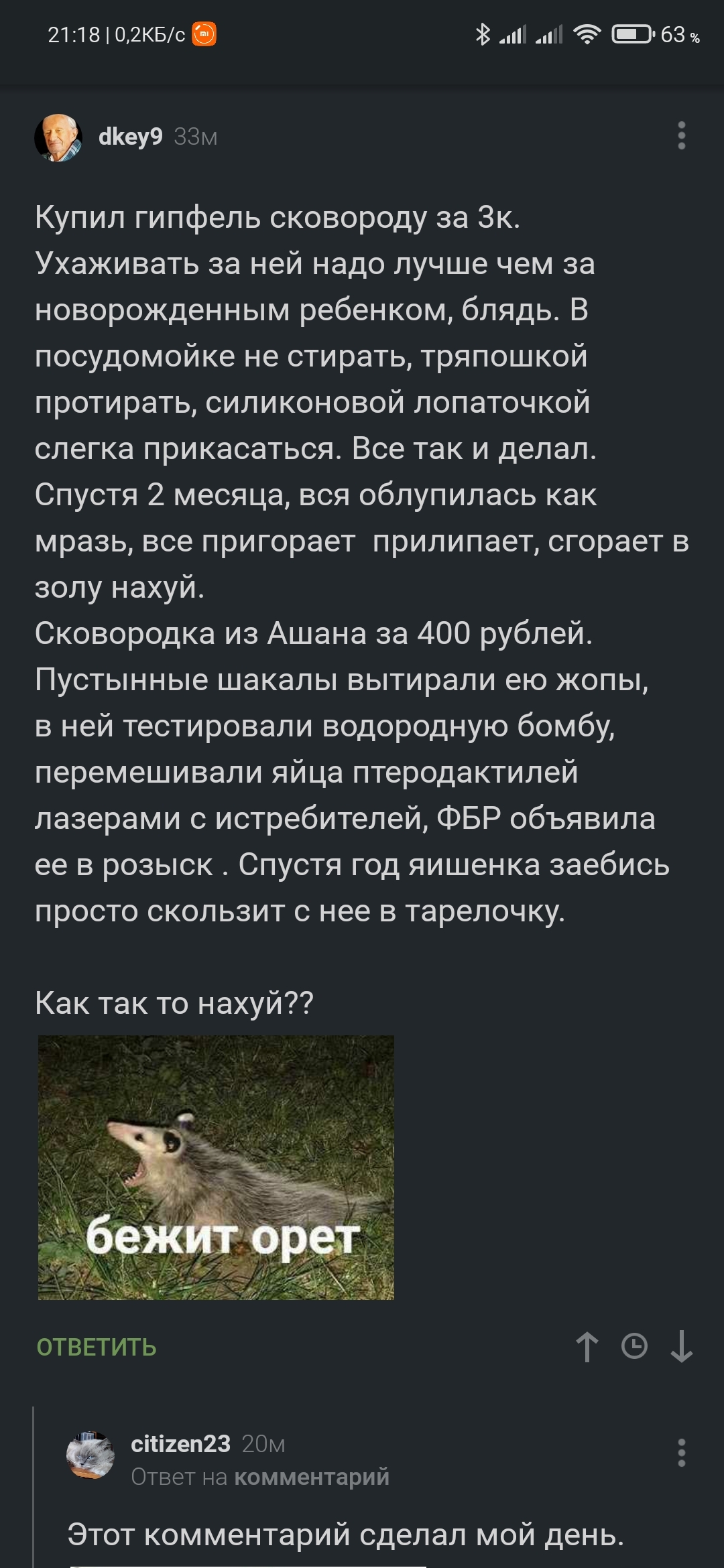 Сковородка - Юмор, Длиннопост, Комментарии, Комментарии на Пикабу, Скриншот, Мат, Сковорода