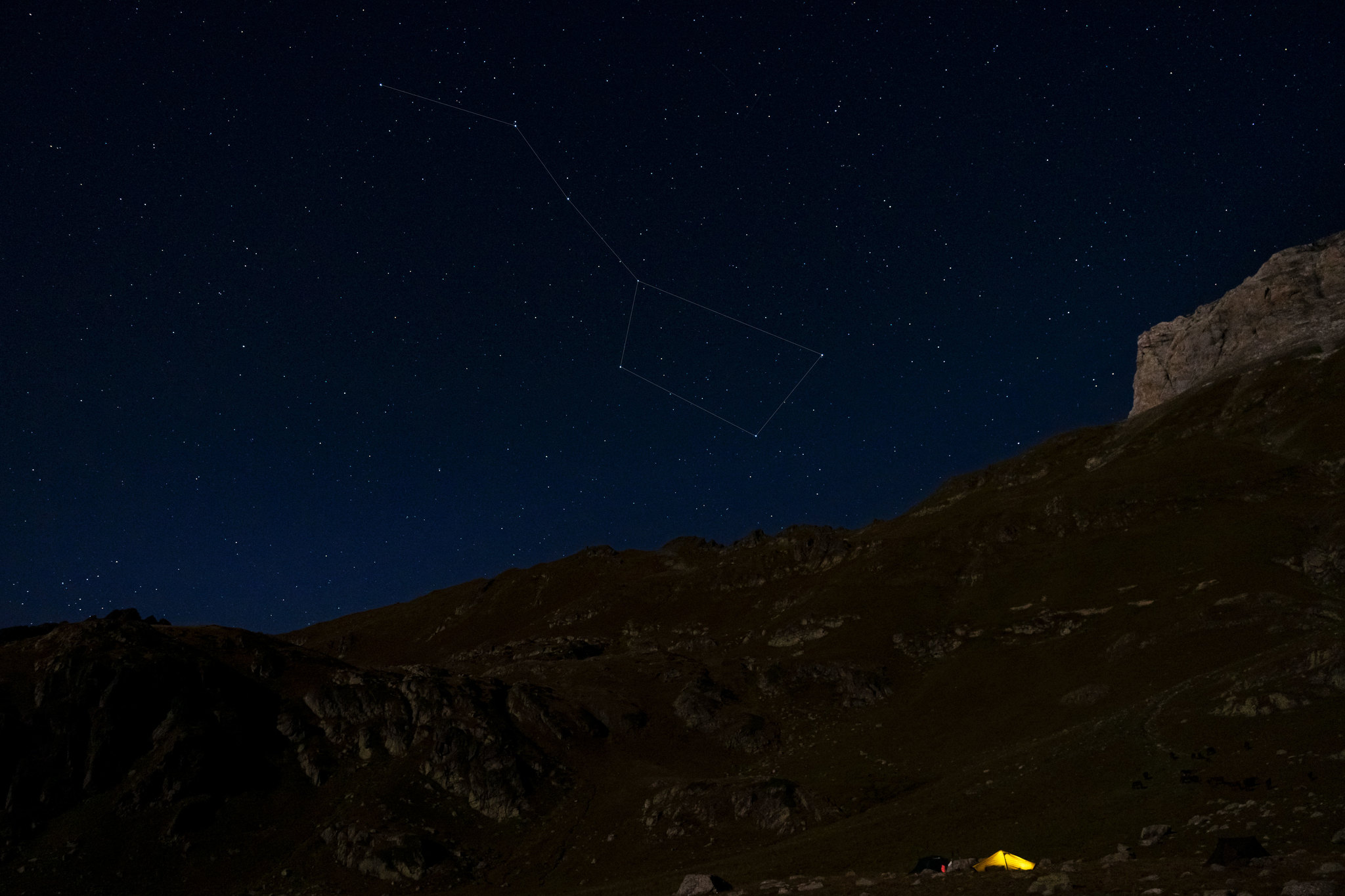 Night in the Caucasus mountains - My, Night, Stars, The mountains, Tent, Constellations, Hike, Night shooting