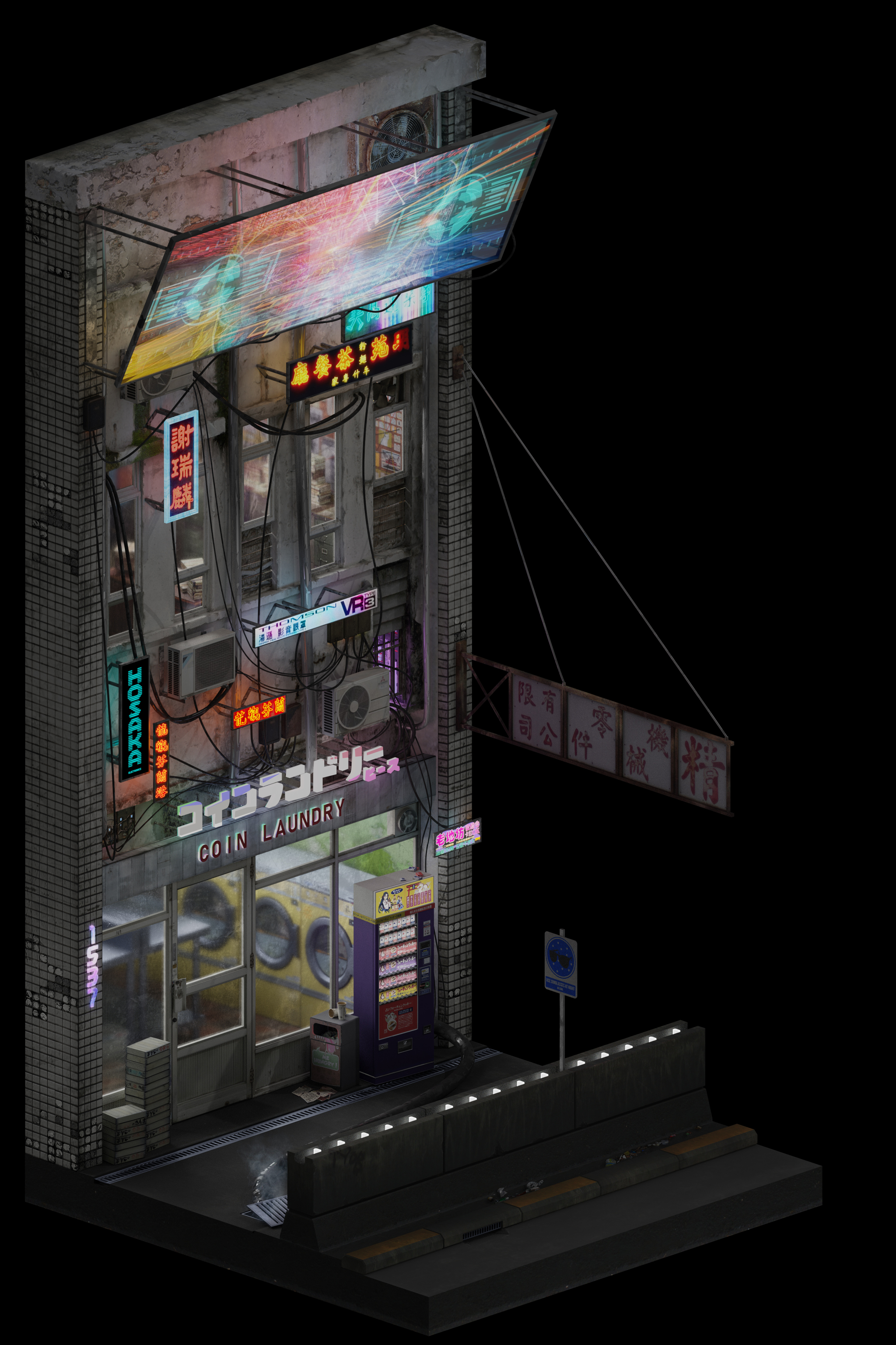 1537. Coin laundry - Моё, Киберпанк, Изометрия, Cyberpunk City, Blender, Компьютерная графика, Город, Улица, Длиннопост