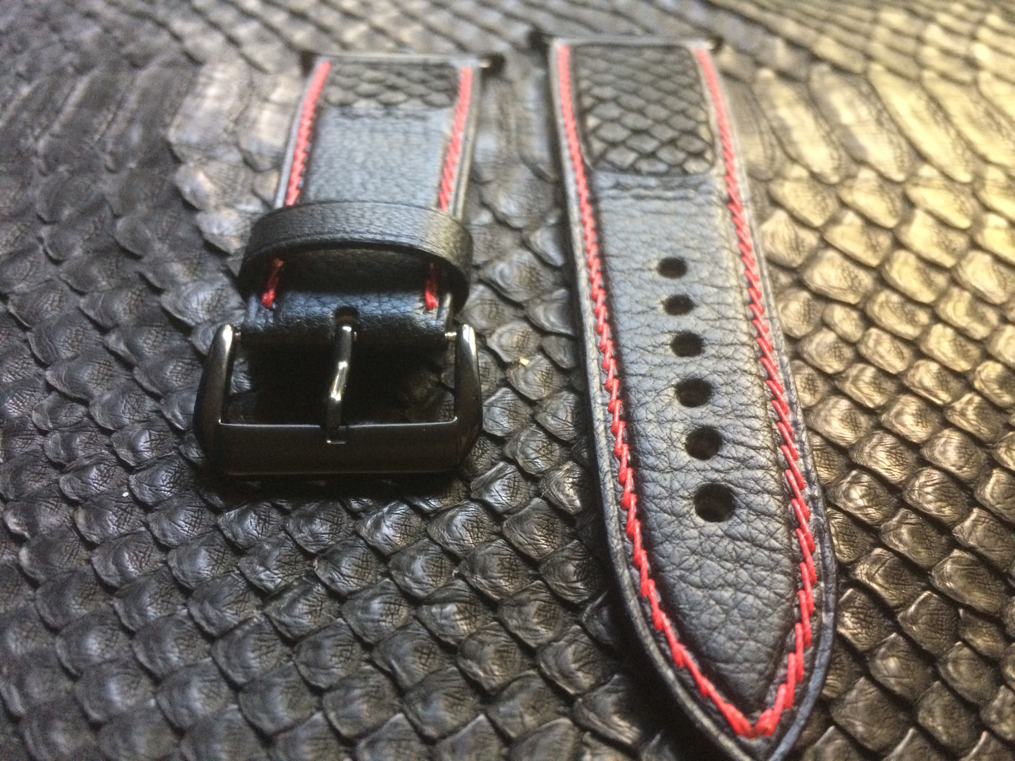 Handmade strap with python leather element. (Apple fasteners - example) - My, Leather products, Leather, Strap, Handmade, Needlework without process, With your own hands, Longpost