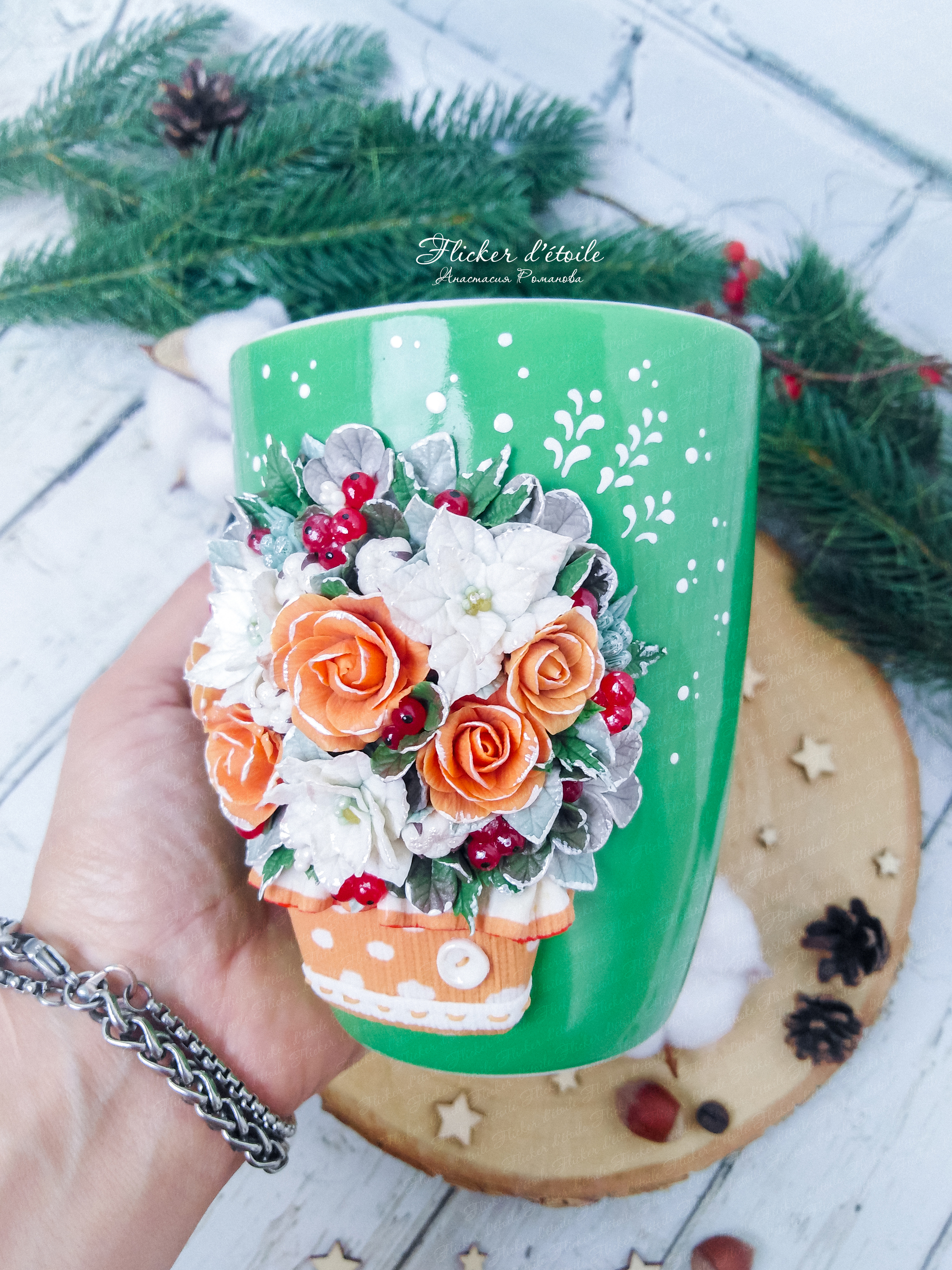 Decor of a mug with polymer clay. Flowers - My, Polymer clay, Mug with decor, Polymer floristry, Handmade, Video, Longpost