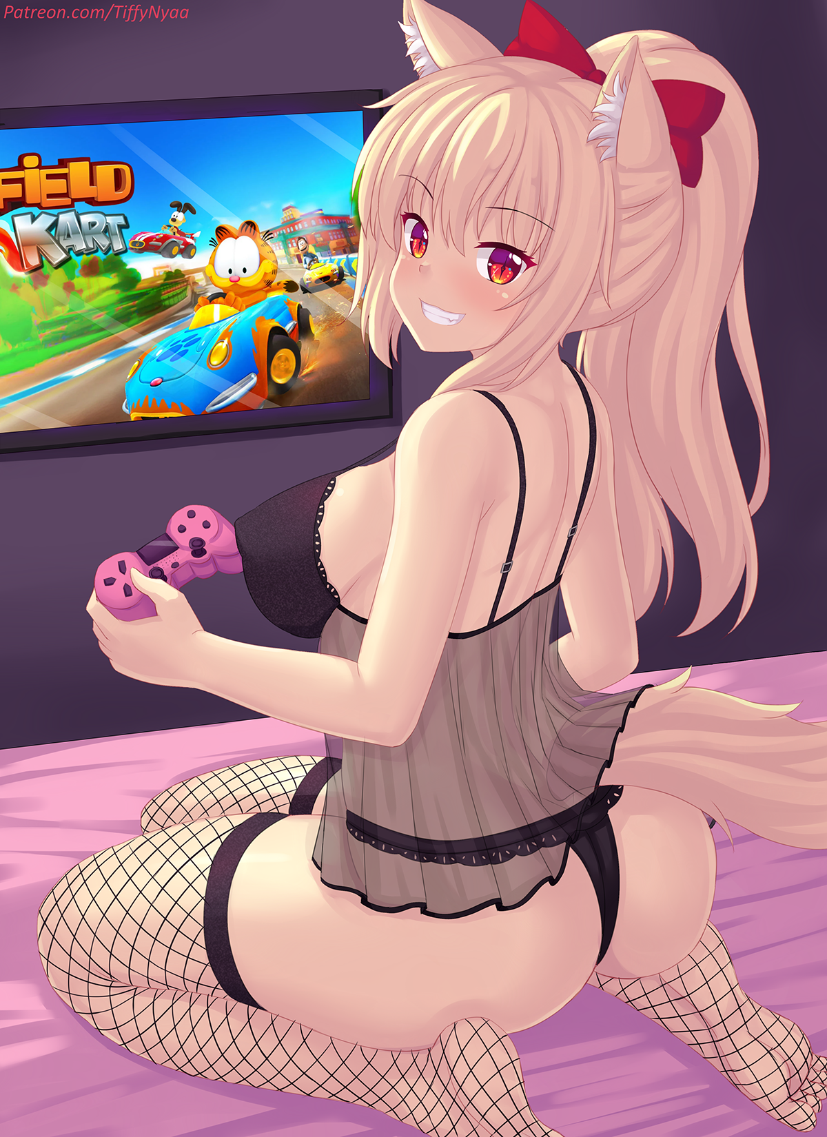 Let's play? - NSFW, Anime art, Original character, Animal ears, Pantsu, Tiffy, Anime, Fastrunner2024, Booty, Breast, Joystick, Tail