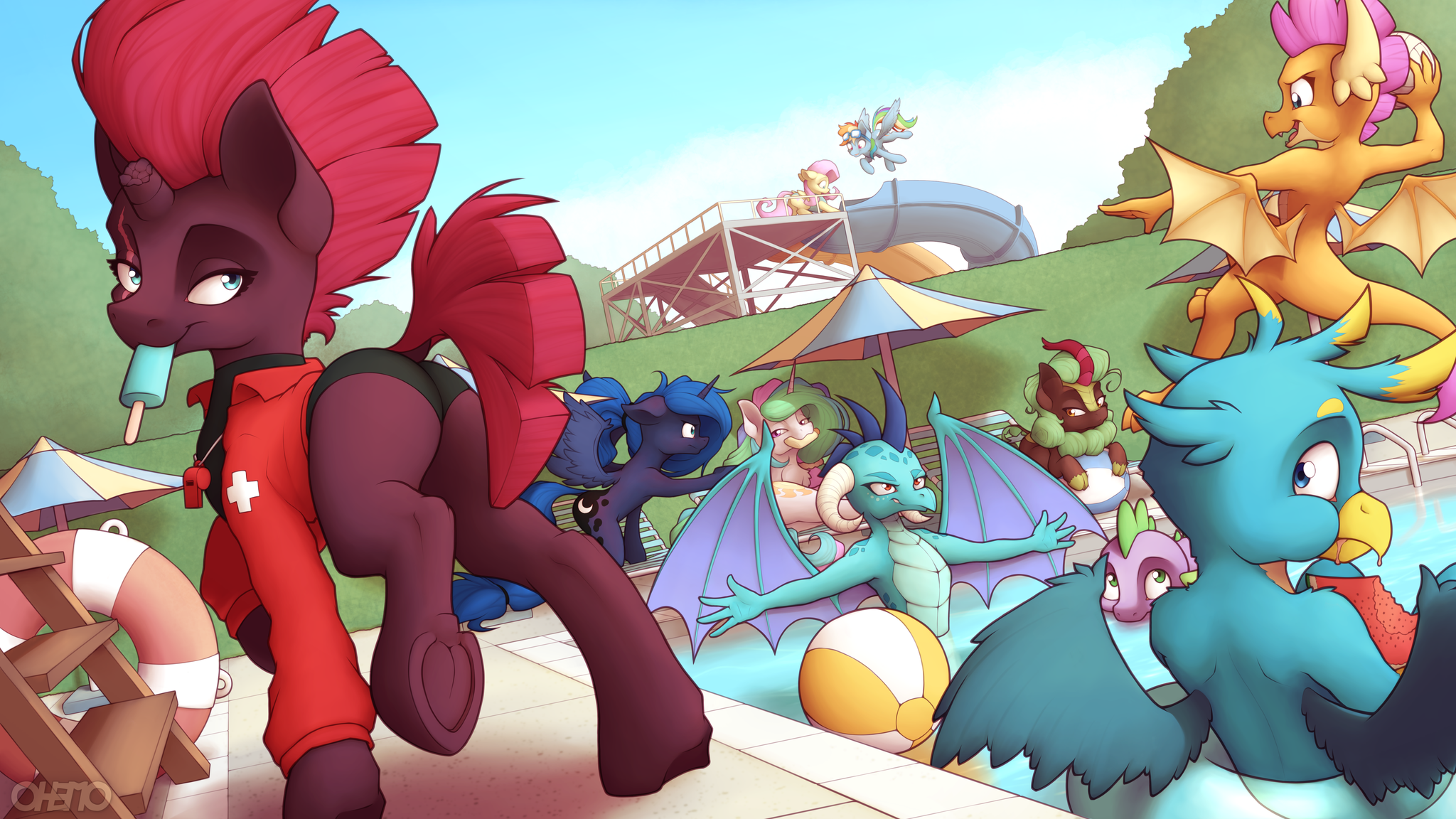 Pool Party - My Little Pony, PonyArt, Tempest Shadow, Fluttershy, Rainbow Dash, Princess Luna, Princess Celestia, Princess Ember, Gallus, Spike, Smolder, Cinder Glow, Ohemo