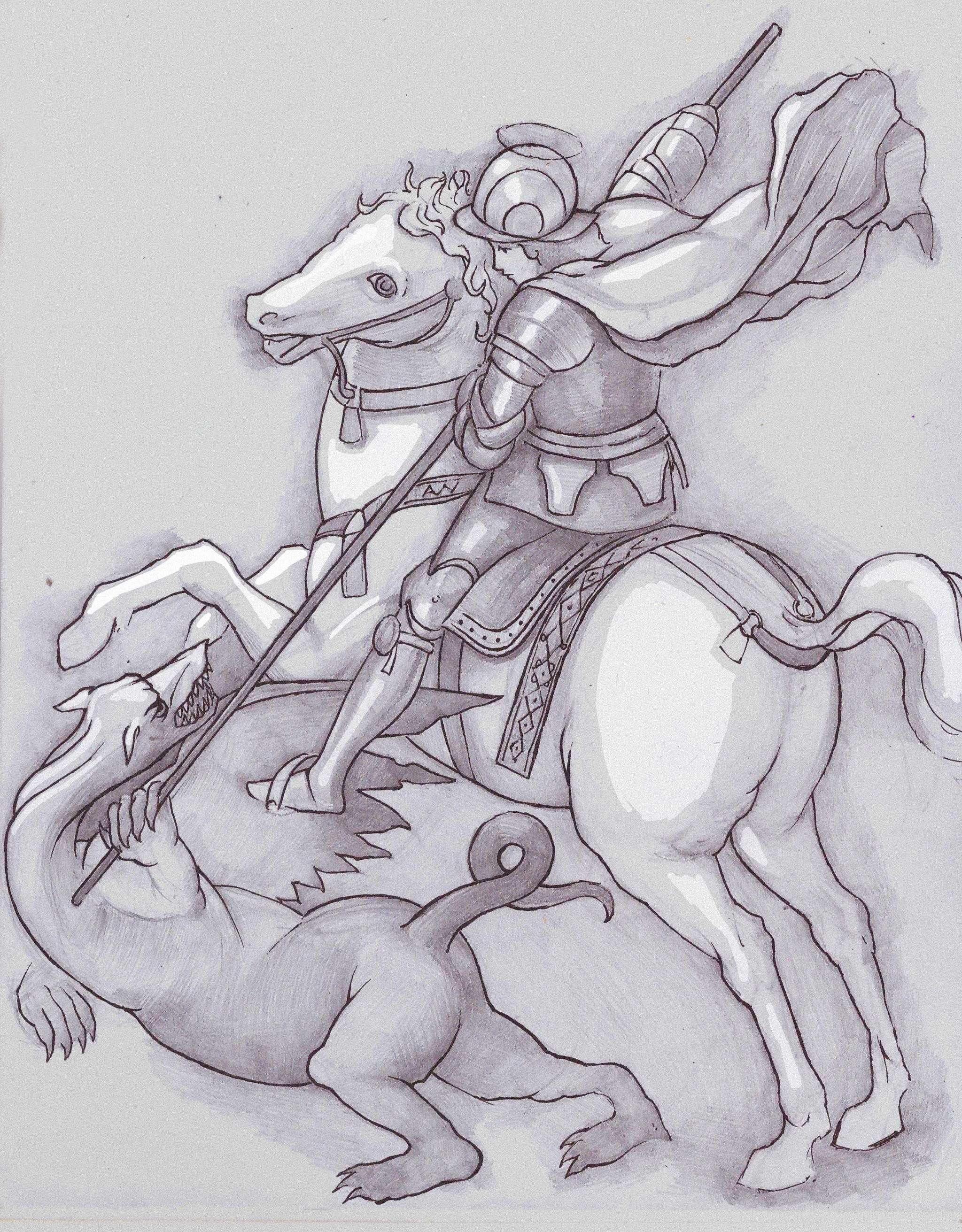 Saint George and the Dragon - My, Alien_weather, Drawing, Graphics, Pencil, St. George