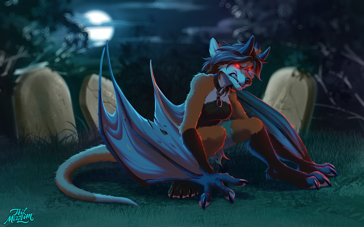 At the cemetery - Furry, Art, Night, Cemetery, Tril-Mizzrim, Halloween, Furry fox, Furry canine, Demon