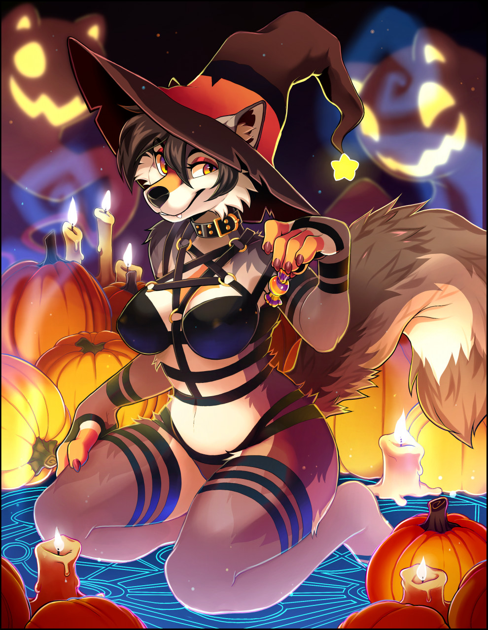 Stay for a Spell - NSFW, Furry, Art, Furry edge, Witches, Halloween pumpkin, Halloween, Candle, Furry wolf, Furry canine, Roanoak, Night