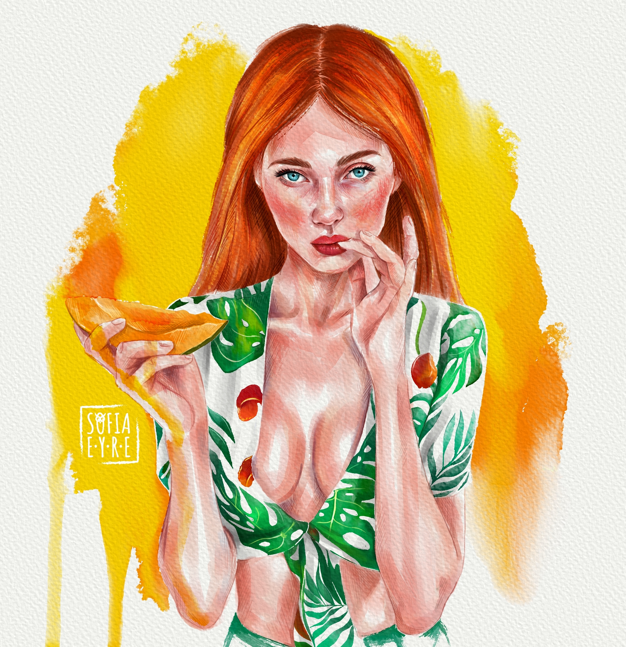 Summer - My, Digital drawing, Girls, Redheads