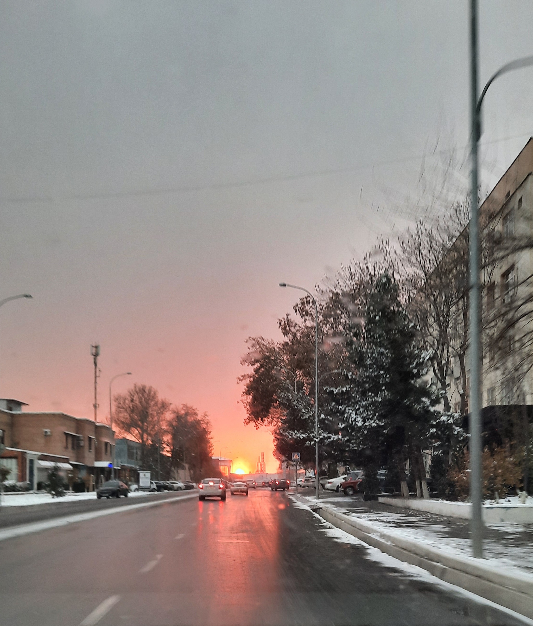 Fiery Sunset - My, Sunset, The sun, Winter, Road, beauty, The photo