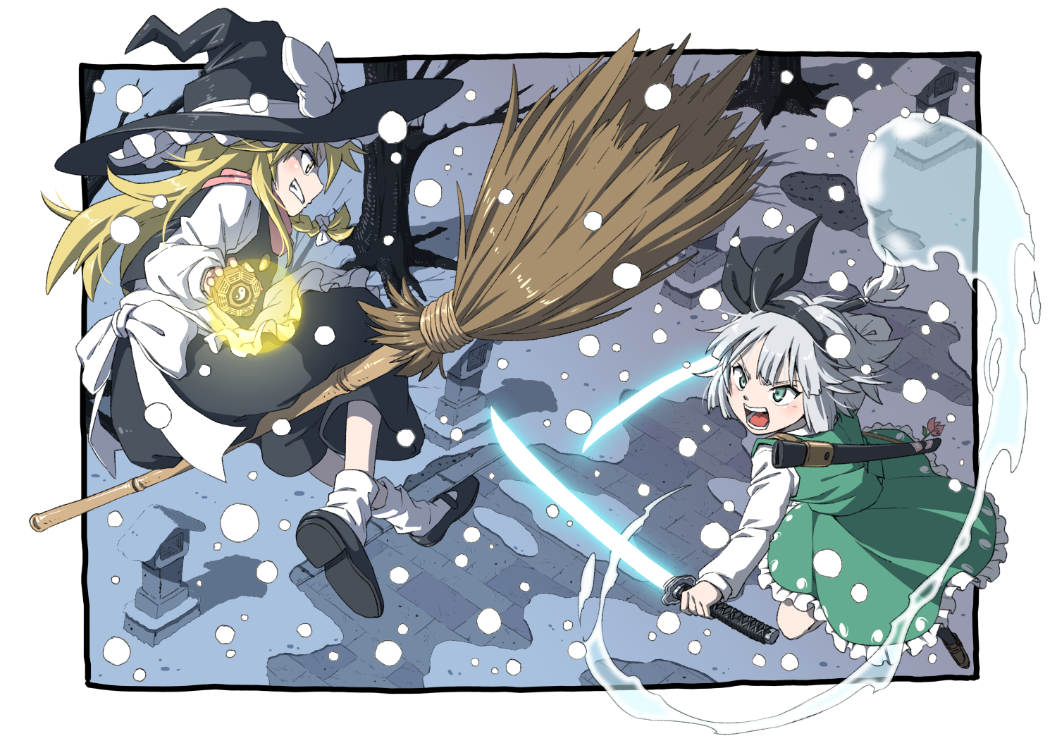 Youmu vs. Marisa - Touhou, Konpaku Youmu, Kirisame marisa, Anime art, Anime, Inuno rakugaki