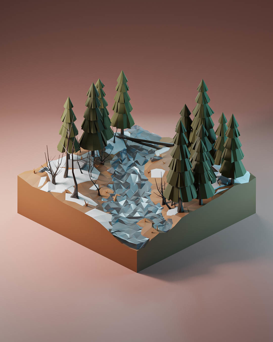 Лесная река Low Poly - Моё, Low poly, 3D, Арт, Изометрия, Река, Компьютерная графика, Длиннопост